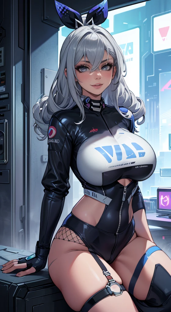 Silver wolf, (beautiful female racer))), ((racing suit) cyberpunk motorcycle behind woman, looking at viewer, mature woman, silver eyes, 8K, HDR, ureal engine, ultra quality, silver long hair, long breasts,, body, 8k, ultra-detailed hoyoverse 1girls white hair busty female huge breasts looking at viewer mature woman  seductive