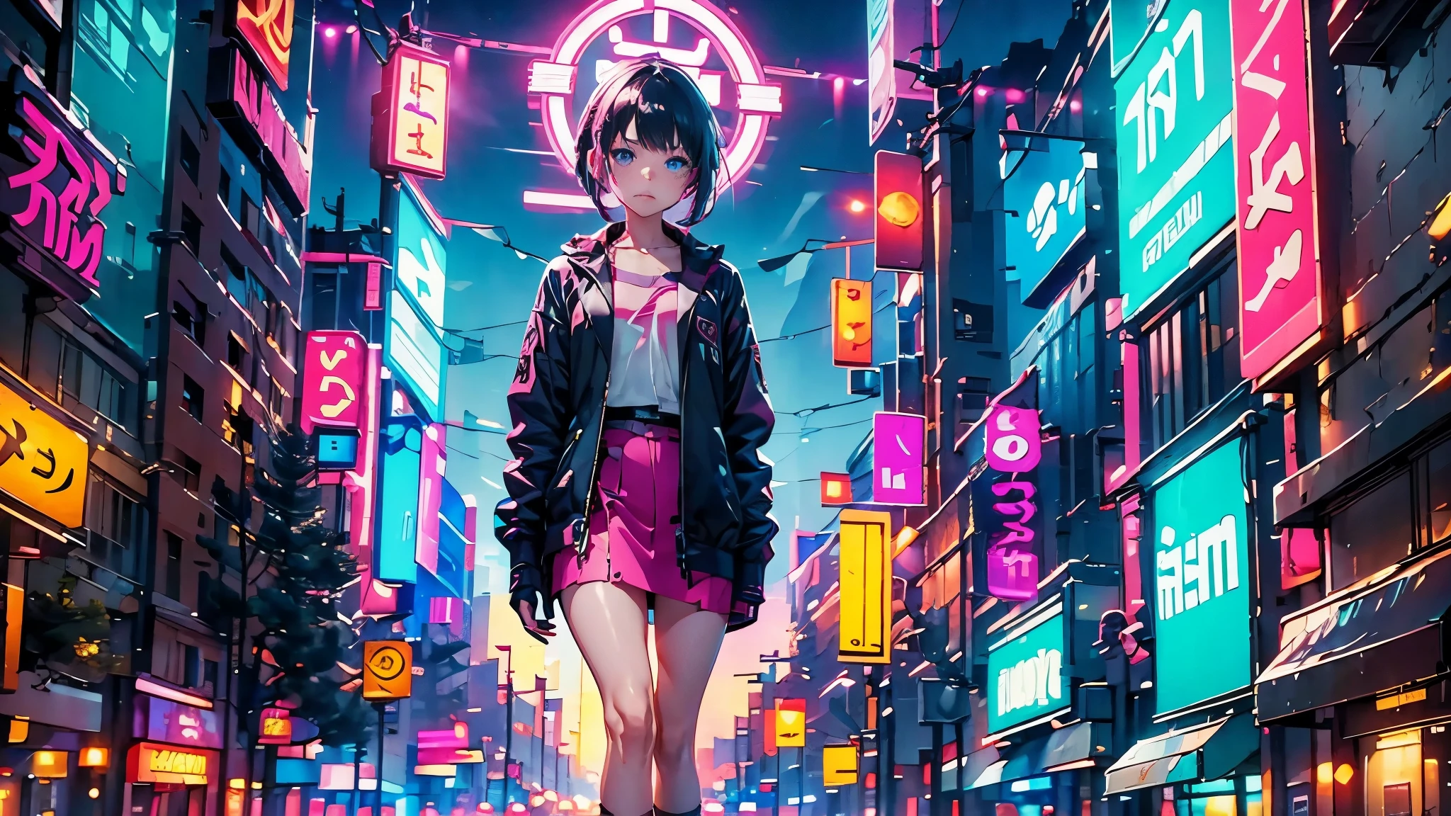 futuristic landscape, predominant colors violet red cyan neon, girl with cyberpunk clothing, cinematic lighting.