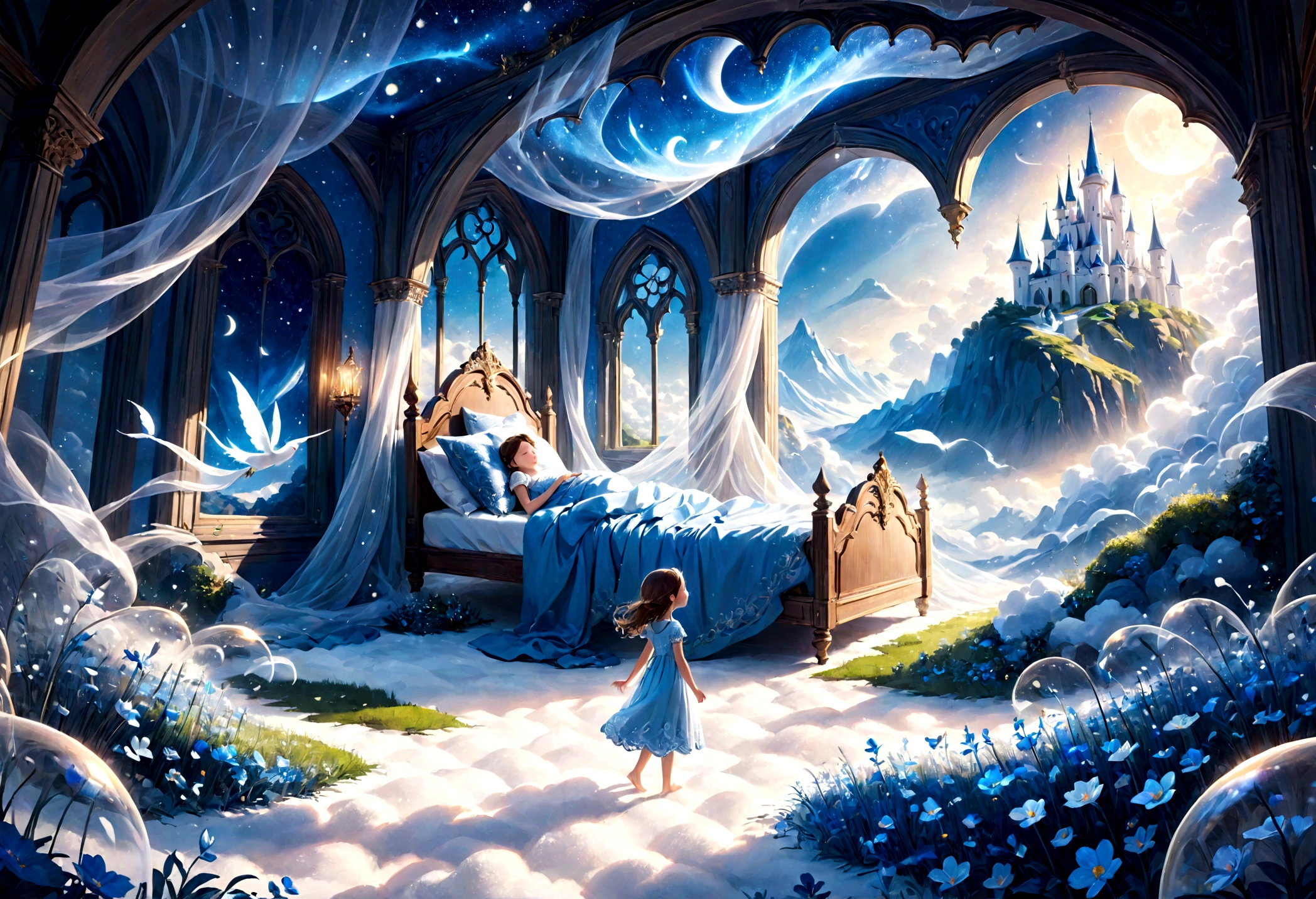 a beautiful whimsical sleepy blue and white dreamland mashup