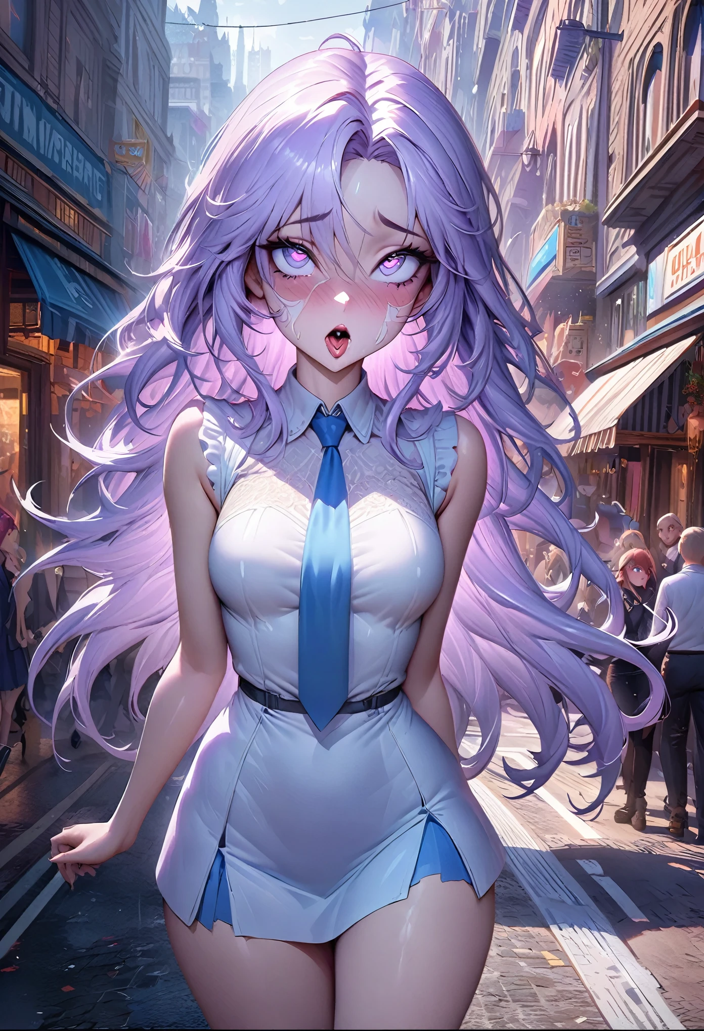 Anime girl with long hair and blue eyes standing on the city street, Hot Trends in ArtStation Pixiv, purple eyes, blue tie, fair (delicate eyes, Detailed face,) ahegao, Yuradev, Noble temperament, High heel, No watermark