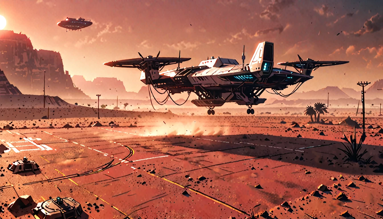 futuristic, small solo skyship during landing ship, vtol, landing pad, red dusk, dusty landscape, desolate, , desert