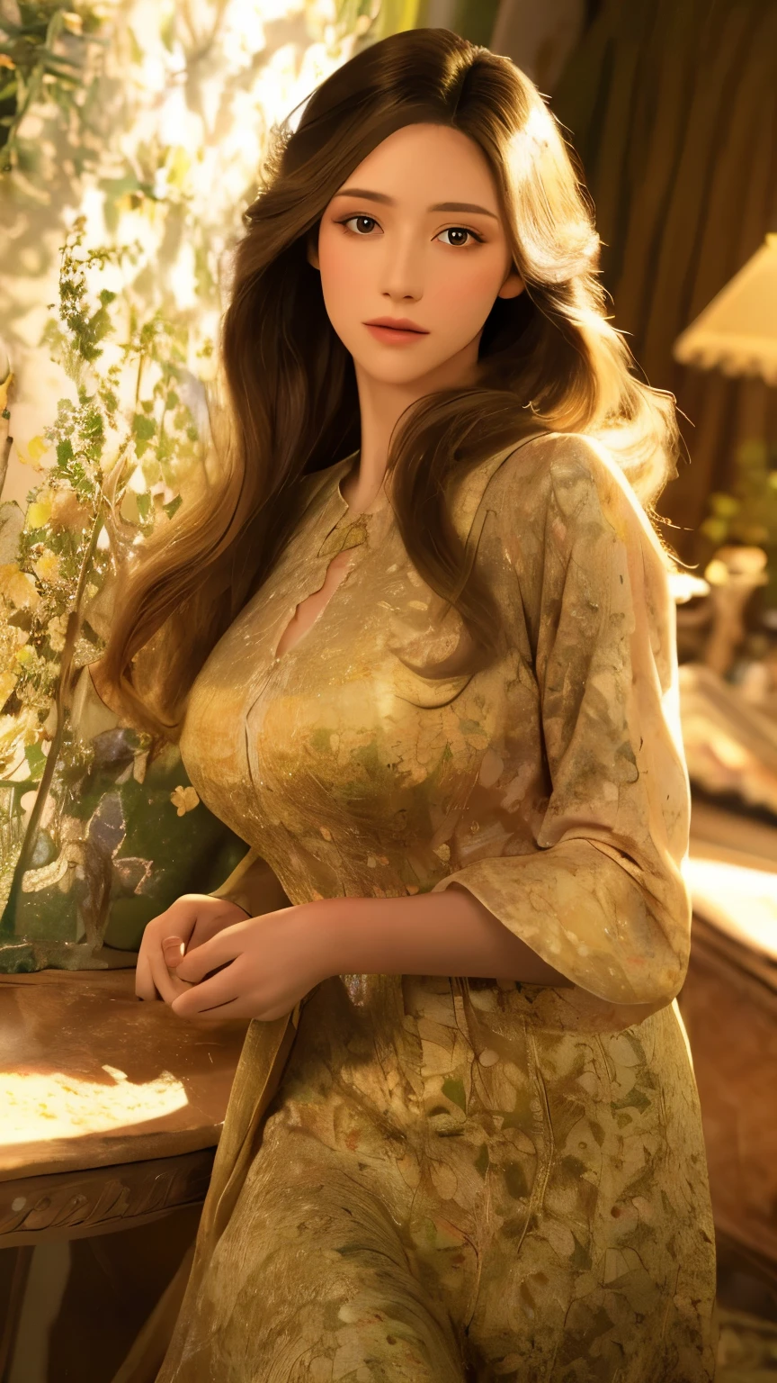 1girl, beautiful detailed eyes, beautiful detailed lips, extremely detailed face and portrait, delicate facial features, long eyelashes, elegant posture, intricate ornate floral dress, pastoral countryside landscape, golden hour lighting, warm color palette, cinematic light and shadows, award winning digital art, photorealistic, 8k, best quality, highly detailed