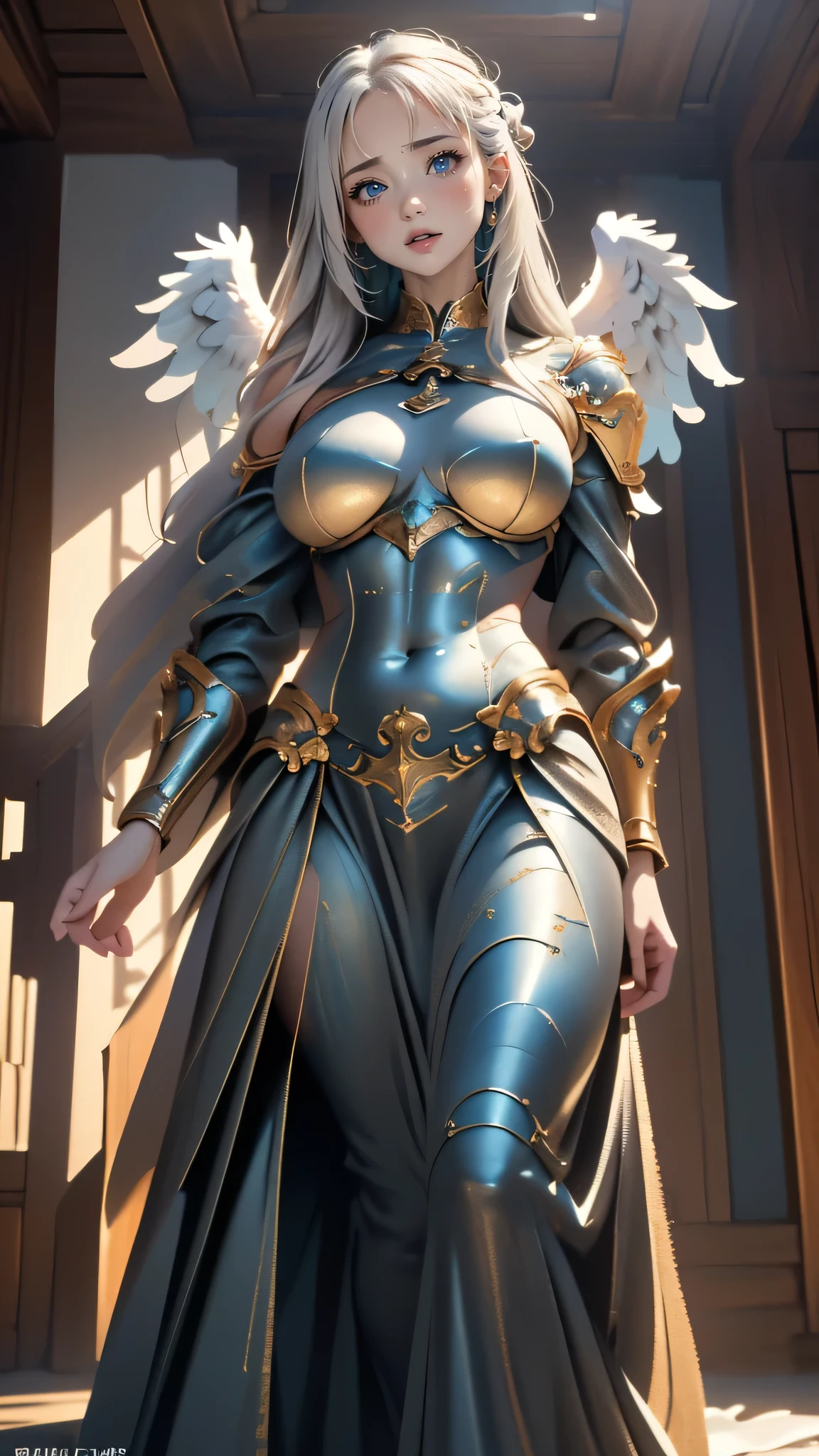 full body,from below,angel armor,(random pose),(Thin type:1.8),(big breasts),(random hairstyle),(Highest image quality,(8k),ultra-realistic,best quality, high quality, high definition, high quality texture,high detail,beautiful detailed,fine detailed,extremely detailed cg,detailed texture,a realistic representation of the face,masterpiece,Sense of presence)