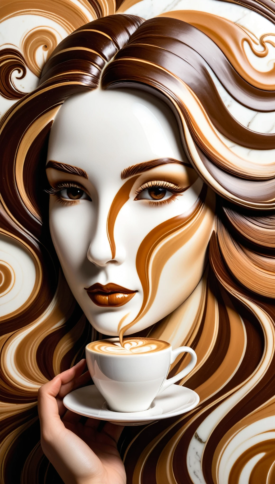 Una obra maestra del arte del café con leche que presenta el rostro de una mujer elegante con cabello suelto y patrones intrincados en tonos marrones y blancos.. La copa está colocada sobre una elegante superficie de mármol., creando un ambiente lujoso que aumenta su atractivo. Esta impresionante creación simboliza la creatividad., Belleza, y estilo contemporáneo, con un enfoque en los rasgos faciales. La obra de arte tiene el estilo de un artista de café con leche contemporáneo..