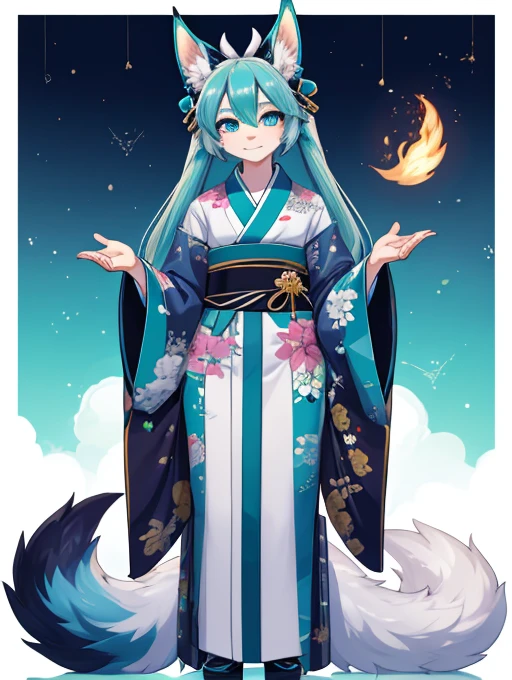 Miku Hatsune, traje kimono japones, alta definicion, Mujeres de 18 años, alta definicion, orejas de kitsune, alta definicion, delantal blanco, imagen de cuerpo completo alta definicion.