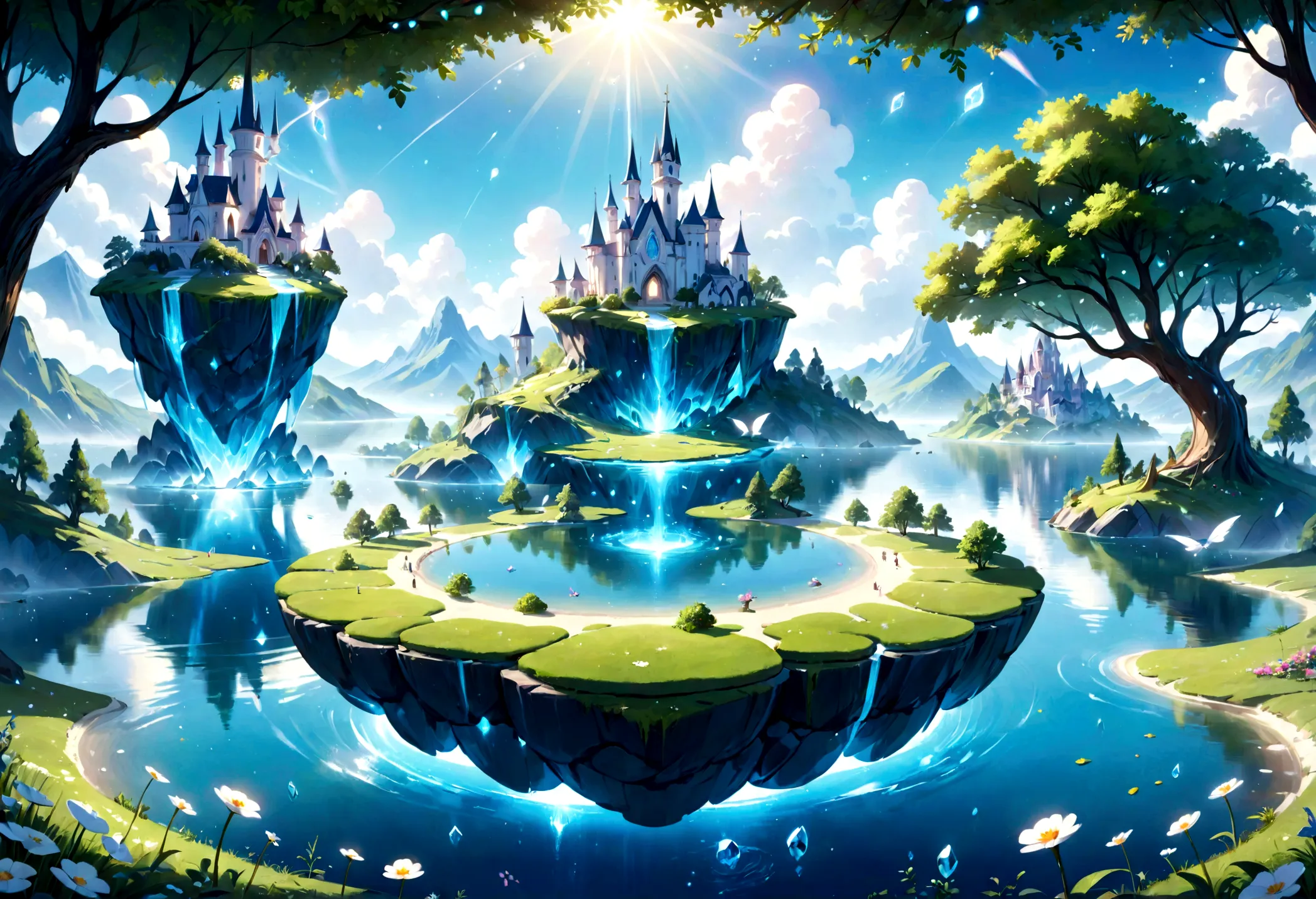 a beautiful whimsical sleepy blue and white dreamland mashup, fantasy landscape, tranquil lake, lush green meadow, floating isla...