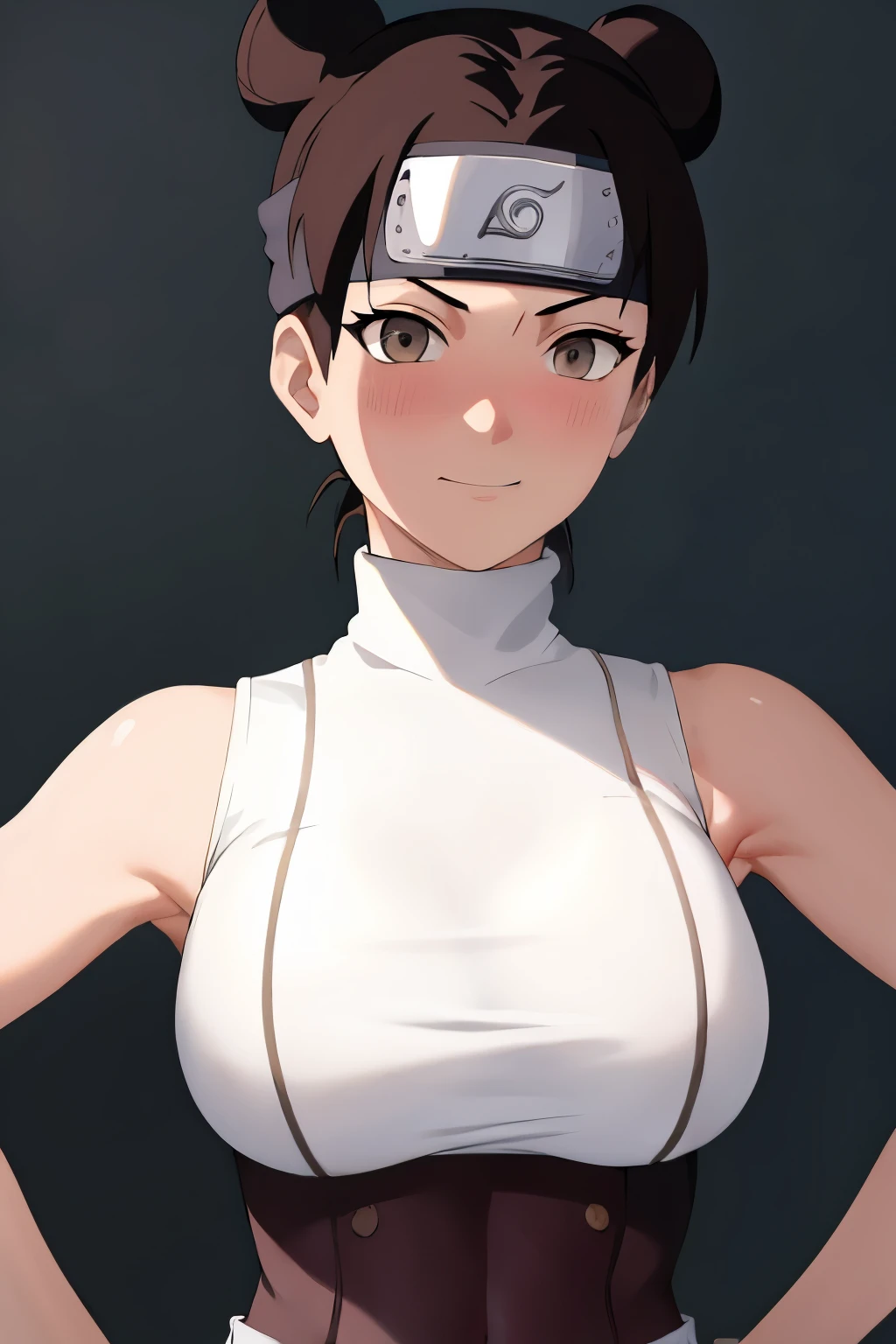 masterpiece, absurdres , (intricate details), (colorful),cinematic lighting,bust shot,extremely detailed CG unity 8k wallpaper,tenten\(shippuden\), 1girl, solo, ((white sleeveless turtleneck)), (large breasts), hand on hip,forehead protector, konohagakure symbol, headband,  looking at viewer, (village street), charming smile, ((slim waist)), ((blushing)), armpit