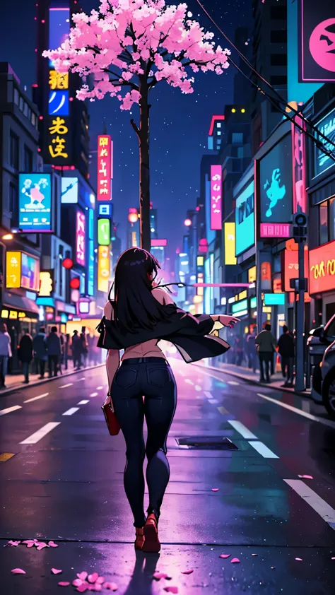 Big city street at night illuminated by sparkling lights、Fascinated by the smartphone screen、Revealing stylish hot pants、Surroun...