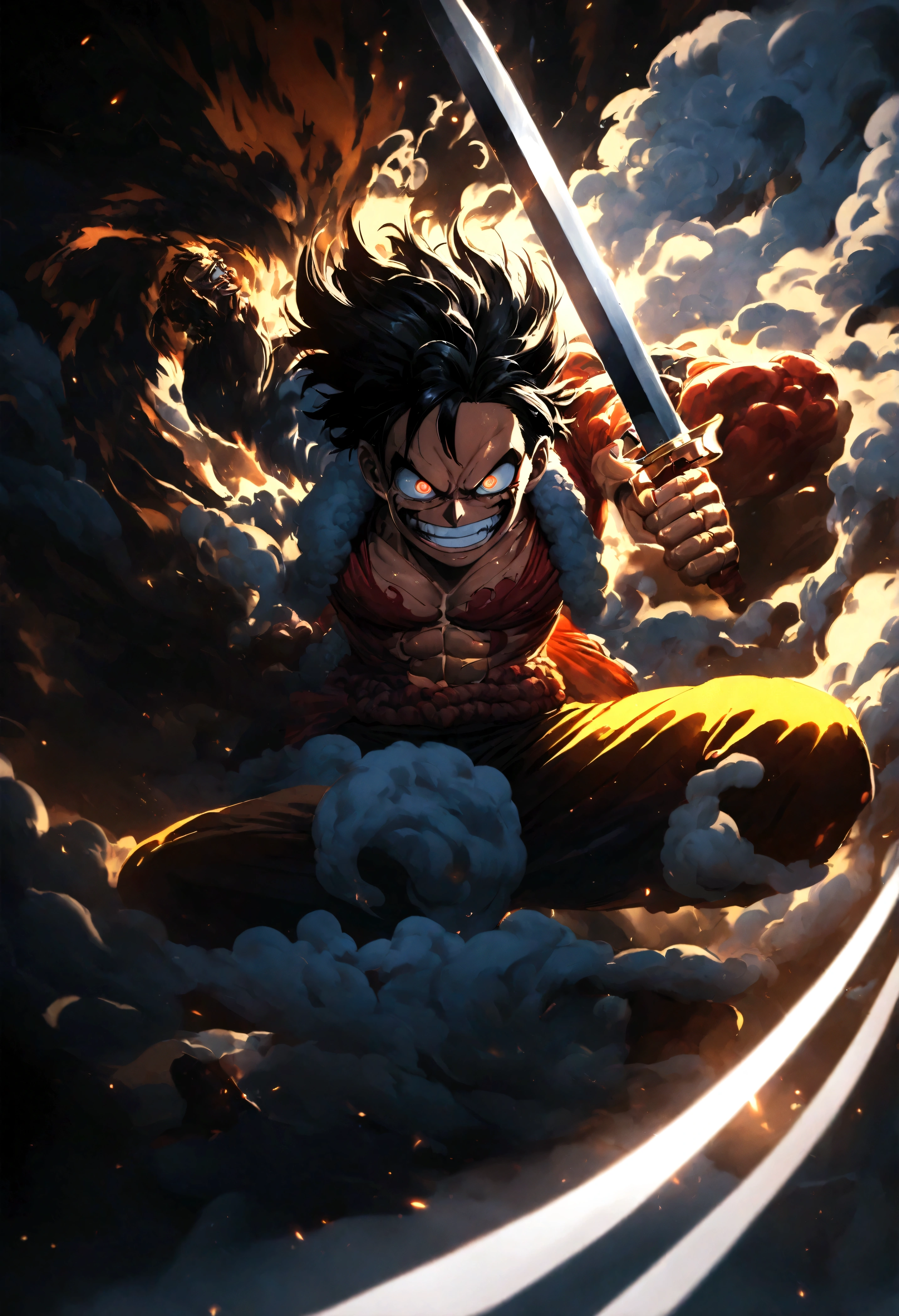 Full body shot,Monkey D. Luffy,Gear fourth,black hair,armor,dark skin,an evil grin on his face,eyes glow blue, holding a sword in both hands,grey mist swirling around him,high resolution with high contrast, cinematic lighting, vibrant colors, sharp focus and high detail.