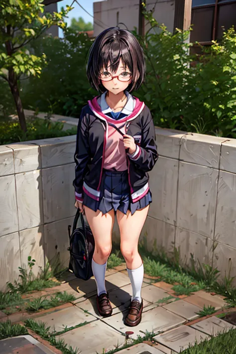 Anime Style, Very short stature，A middle school-style nerdy girl with glasses shyly pees in the schoolyard of an abandoned schoo...