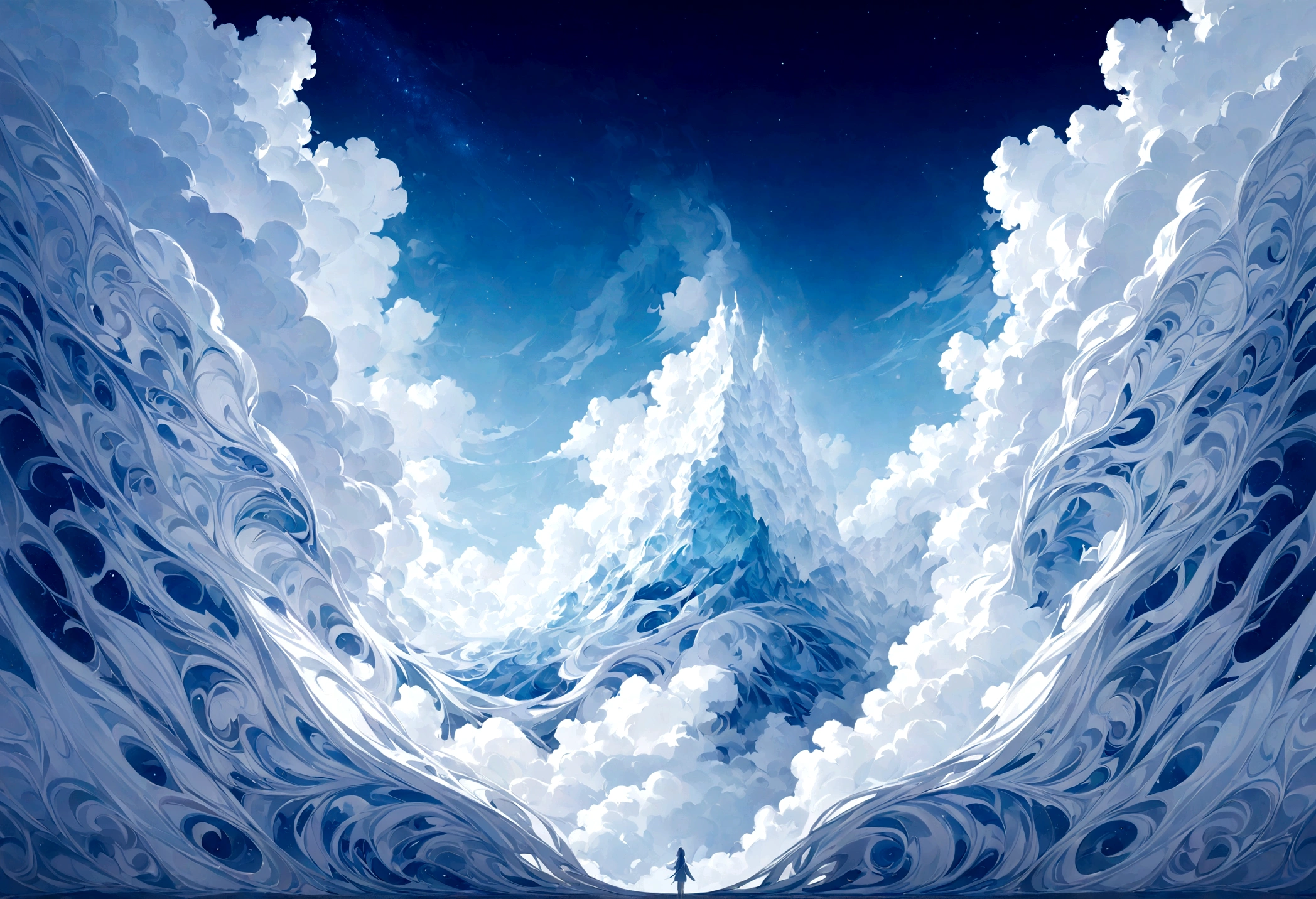 a white and blue based dream landscape within a cloud galaxy