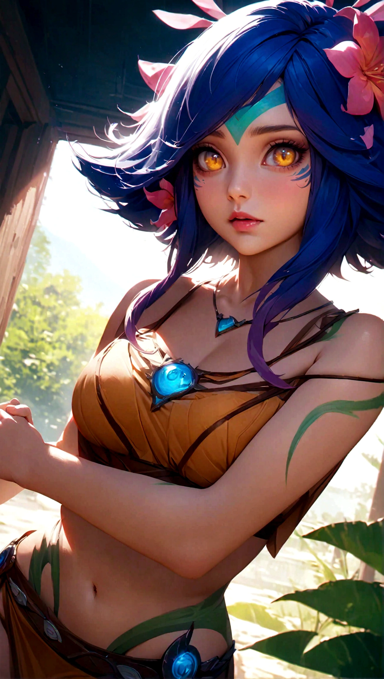 masterpiece,(best quality,top quality,8k),ultra detailed,illustration,painting,detailed eyes and face,(1girl),neeko, multicolored hair,(short hair), facial mark, forehead mark, hair ornament, hair flower, necklace,brown crop top,(puffy eyes),good contrast , high sharpness,(gorgeous),realistic,RAW Photography,(hyperdetailed:1.2)