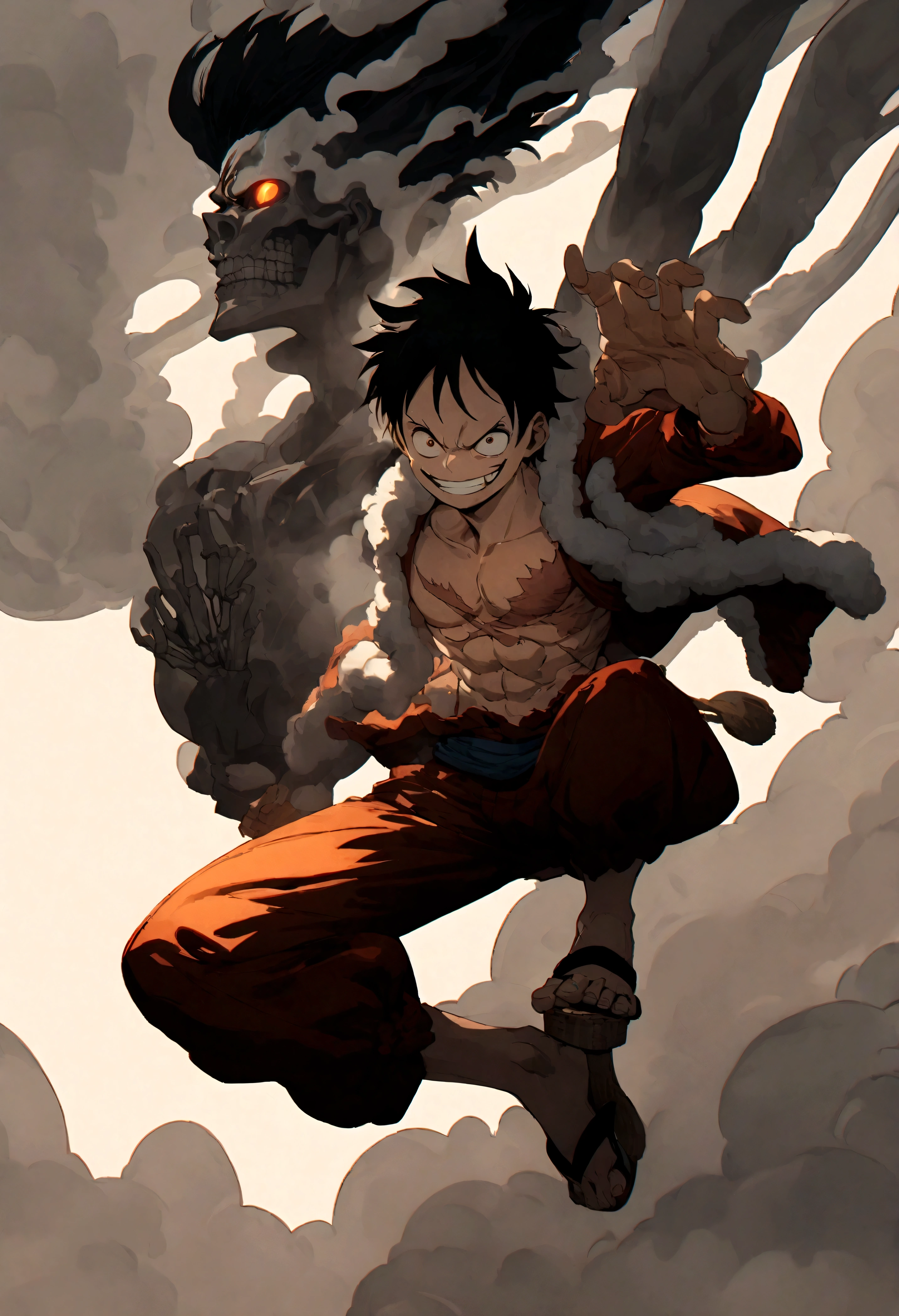 Full body shot,Monkey D. Luffy,Gear fourth,black hair,armor,dark skin,an evil grin on his face,eyes glow blue, holding a sword in both hands,grey mist swirling around him,high resolution with high contrast, cinematic lighting, vibrant colors, sharp focus and high detail.