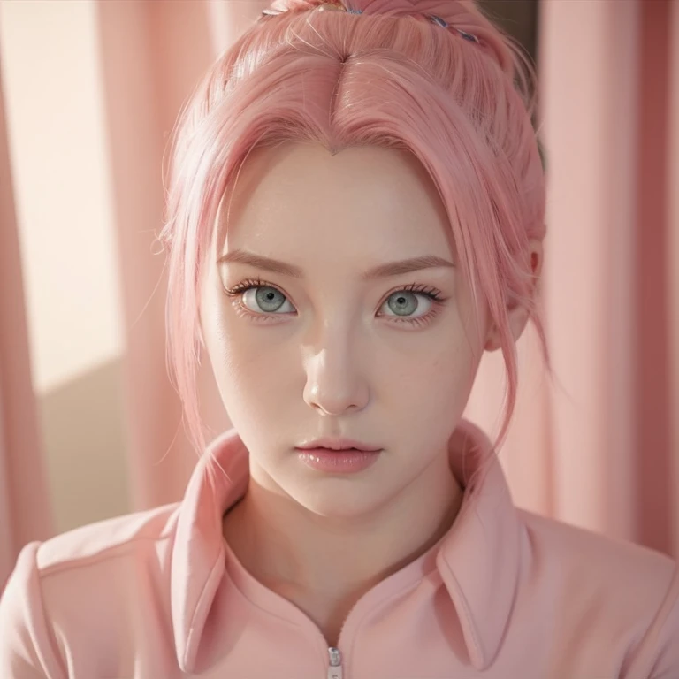 young woman, bubblegum pink hair tied in a bun, wide forehead, porcelain skin, pink eyebrows, emerald green eyes, upturned nose, thick pink lips, heart-shaped face, dark red clothes, Sakura Haruno, realism, well detailed, 3d
