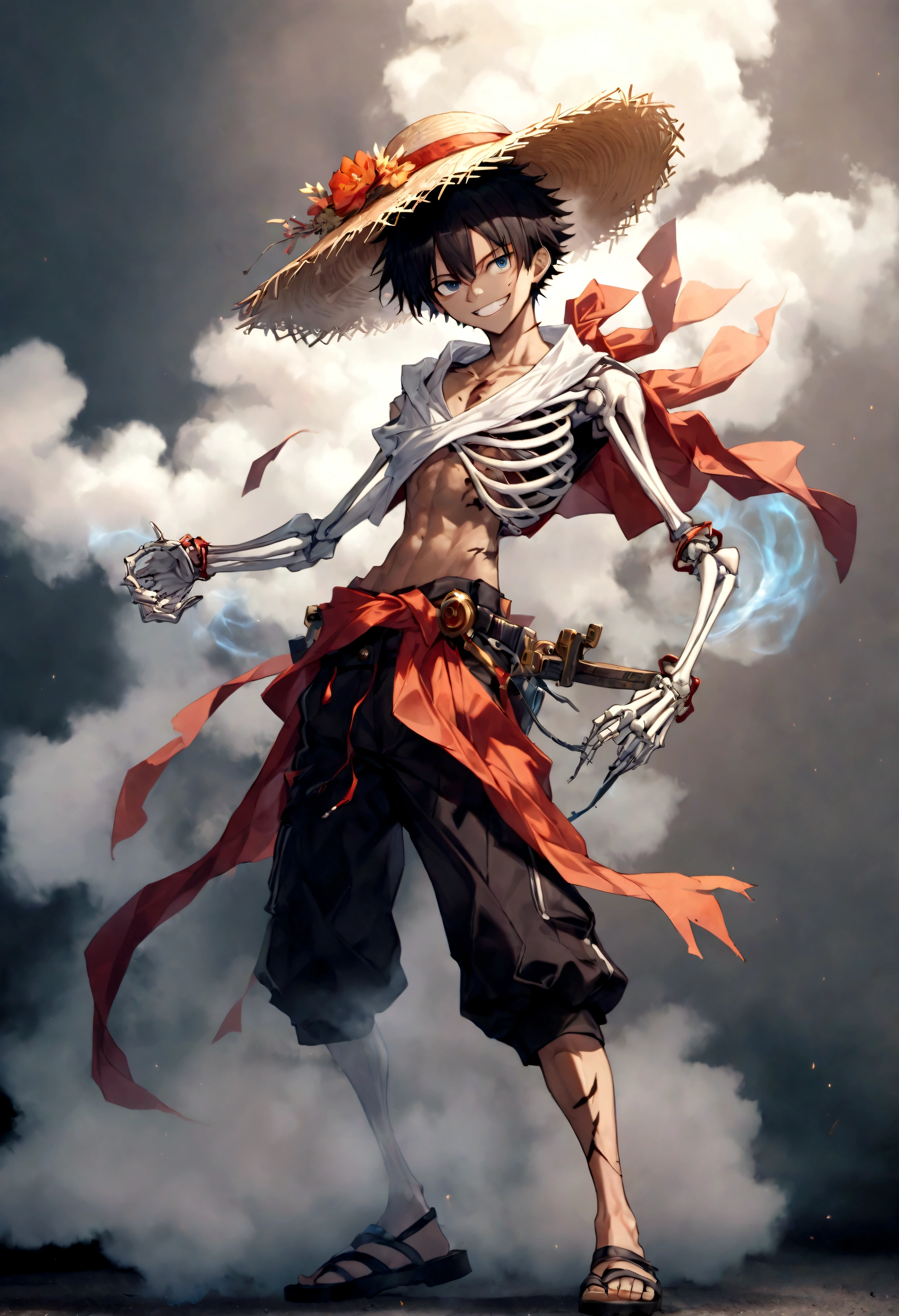 Full body shot,Monkey D. Luffy,Gear fourth,black hair,armor,dark skin,an evil grin on his face,eyes glow blue, holding a sword in both hands,grey mist swirling around him,high resolution with high contrast, cinematic lighting, vibrant colors, sharp focus and high detail.