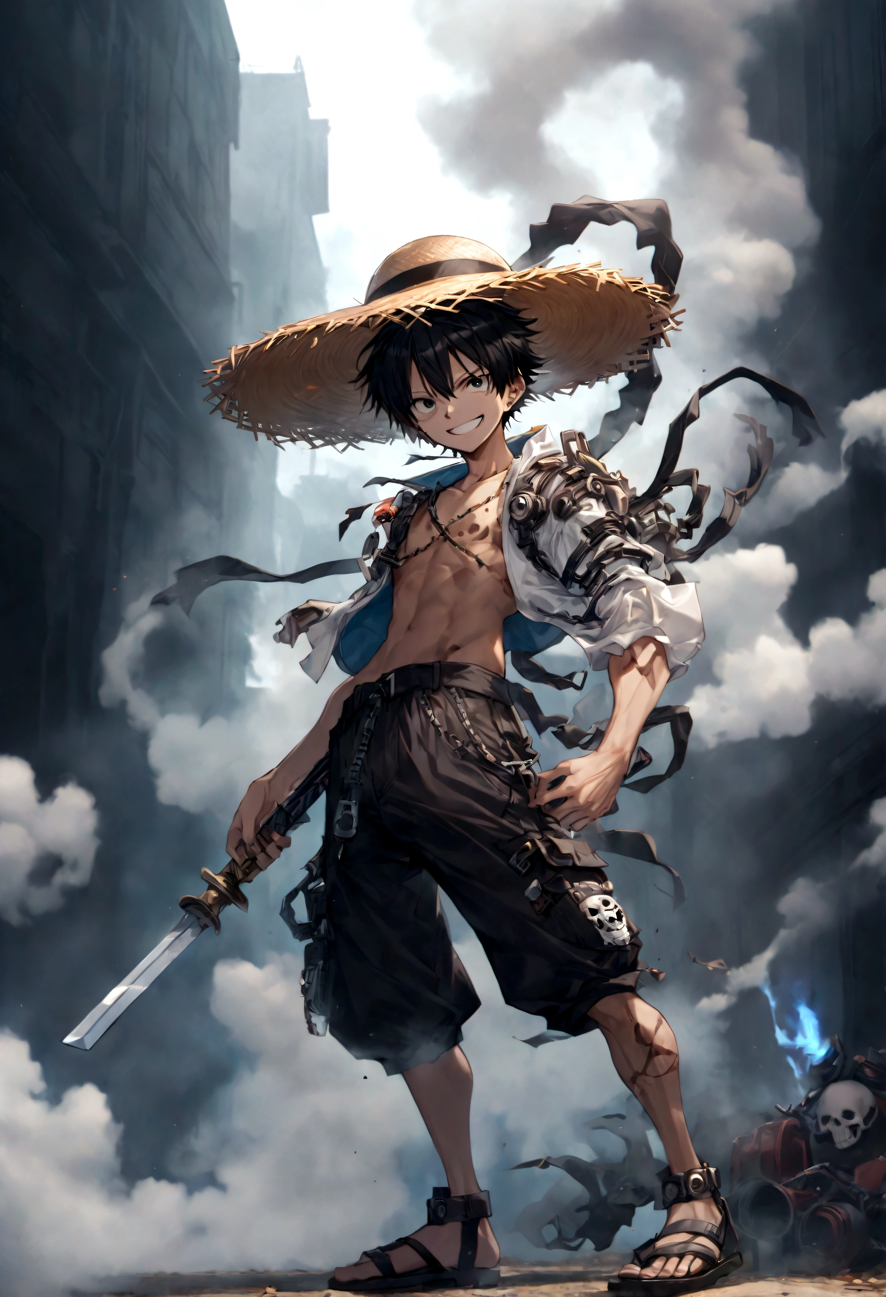 Full body shot,Monkey D. Luffy,Gear fourth,black hair,armor,dark skin,an evil grin on his face,eyes glow blue, holding a sword in both hands,grey mist swirling around him,high resolution with high contrast, cinematic lighting, vibrant colors, sharp focus and high detail.