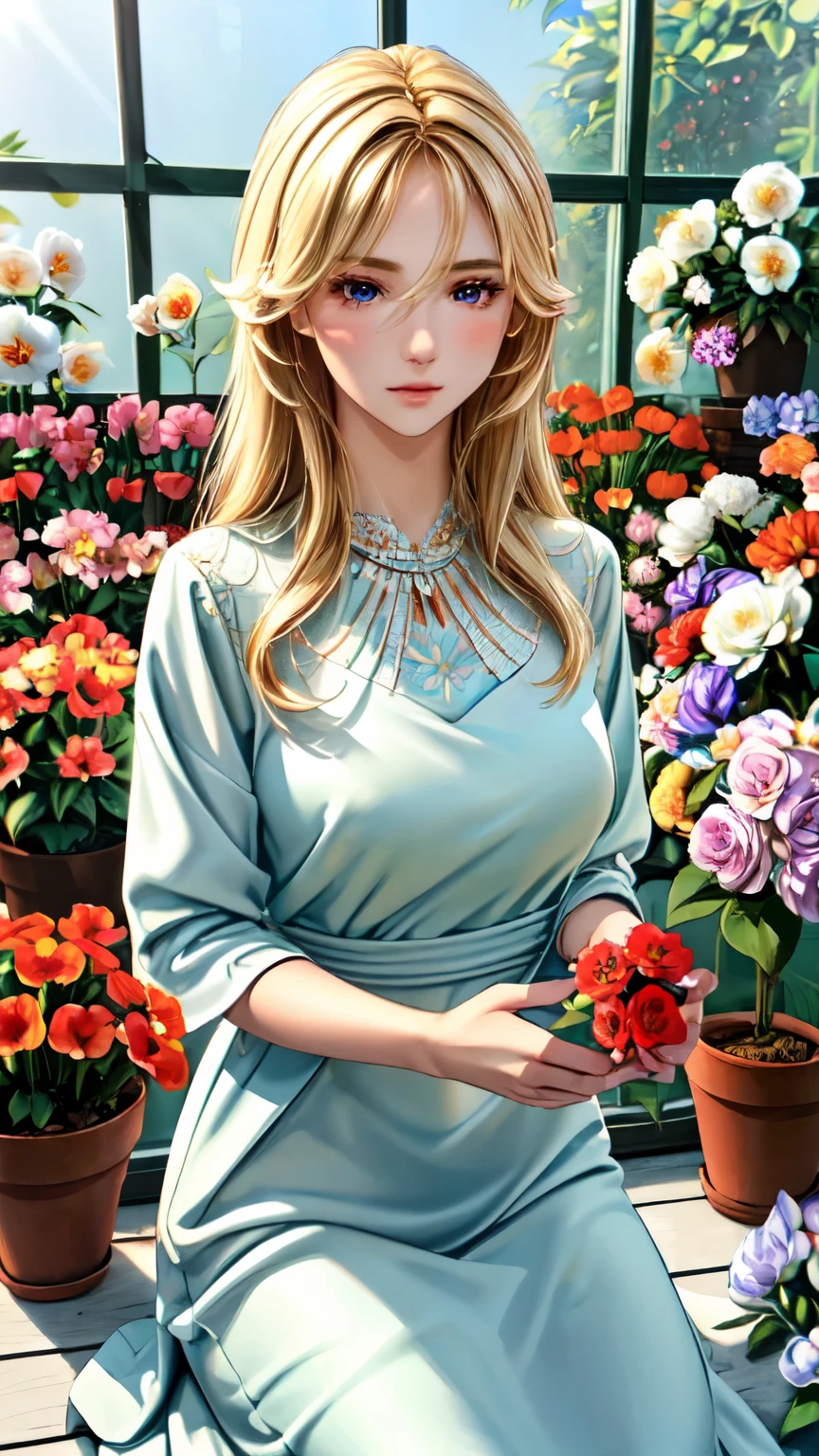 Very delicate and beautiful, wonderful, In detail, masterpiece, Super detailed, High resolution,Best illustrations, Best Shadow,complicated,Sharp focus, high quality, 1 female, alone, Blonde. Red eyes, Kaveh Genshin Impact, Glass greenhouse, Potted flowers, Flowers for sale, Woman looking at flowers, Flowers are blooming everywhere