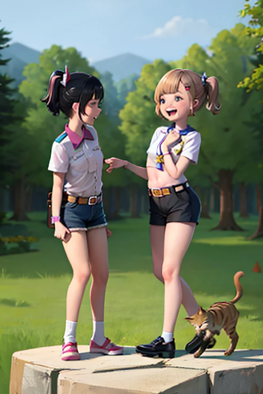 Girlish, Suski, short hair, Black Hair, Side Ponytail, Cat, belt, Shorts, blouse, They're laughing, Are standing, (forest:1.3), Looking at the viewers, From below,