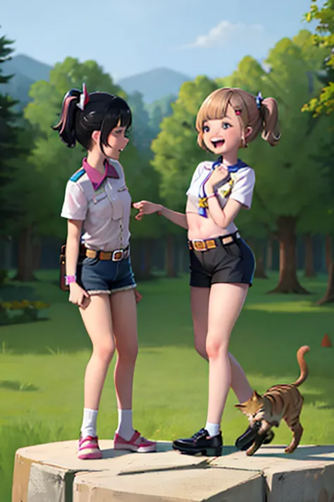 Girlish, Suski, short hair, Black Hair, Side Ponytail, Cat, belt, Shorts, blouse, They're laughing, Are standing, (forest:1.3), ...