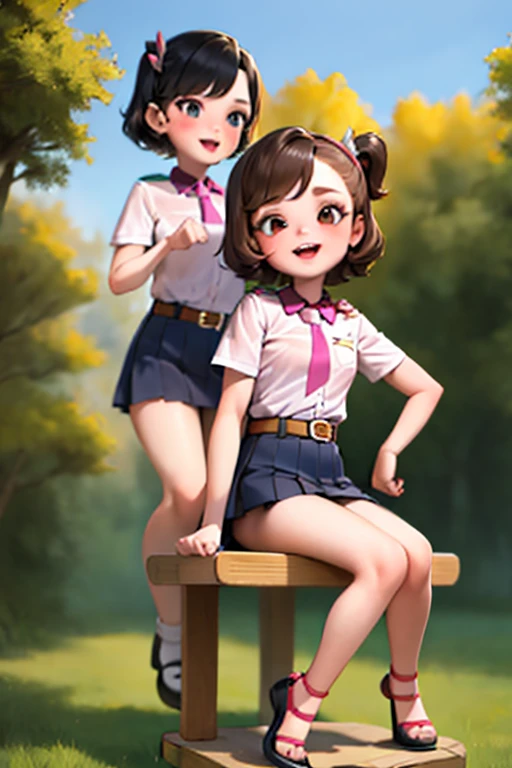 Girlish, Suski, short hair, Black Hair, Side Ponytail, Cat, belt, mini skirt，blouse, They're laughing, Are standing, (forest:1.3), Looking at the viewers, From below,