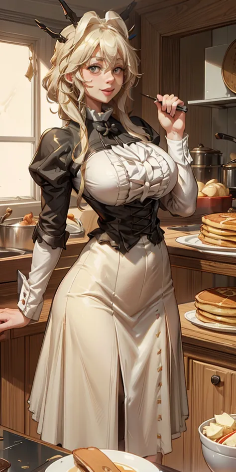 making pancakes in the asteria vk skillet,a blond,twin-tailed,1little girl,woman in her 30s,maid apronl,laughing,kitchin,bento,s...