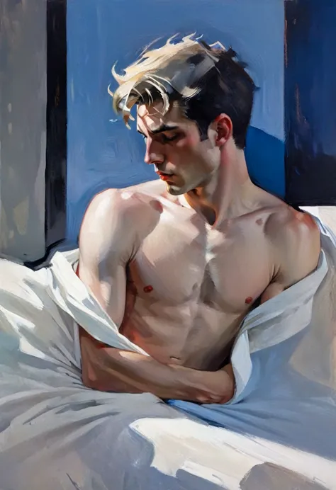 chiaroscuro technique on sensual illustration of an arafed man resting in white blanket, sexy masculine, model with attractive b...