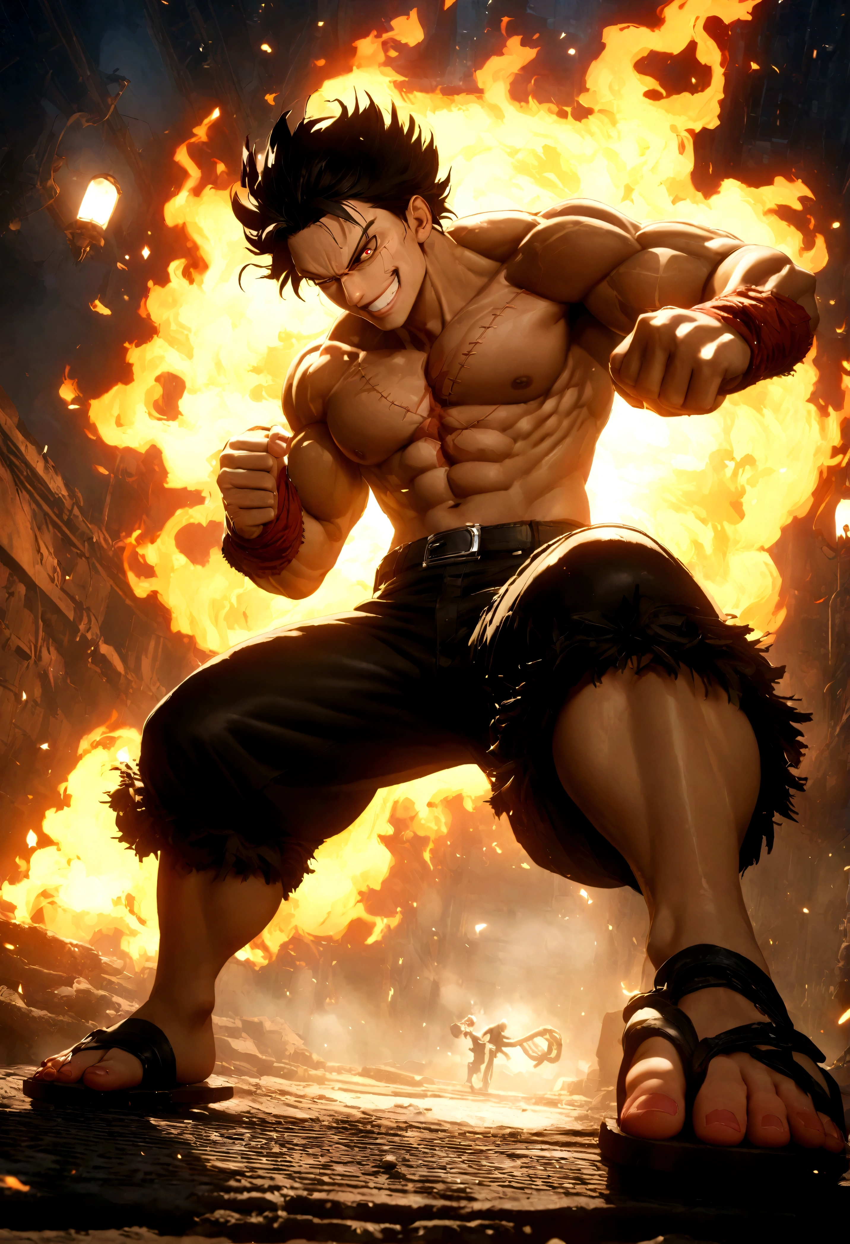 Full body shot,Monkey D. Luffy,Gear fourth,black hair,armor,dark skin,an evil grin on his face,eyes glow blue, holding a sword in both hands,grey mist swirling around him,high resolution with high contrast, cinematic lighting, vibrant colors, sharp focus and high detail.