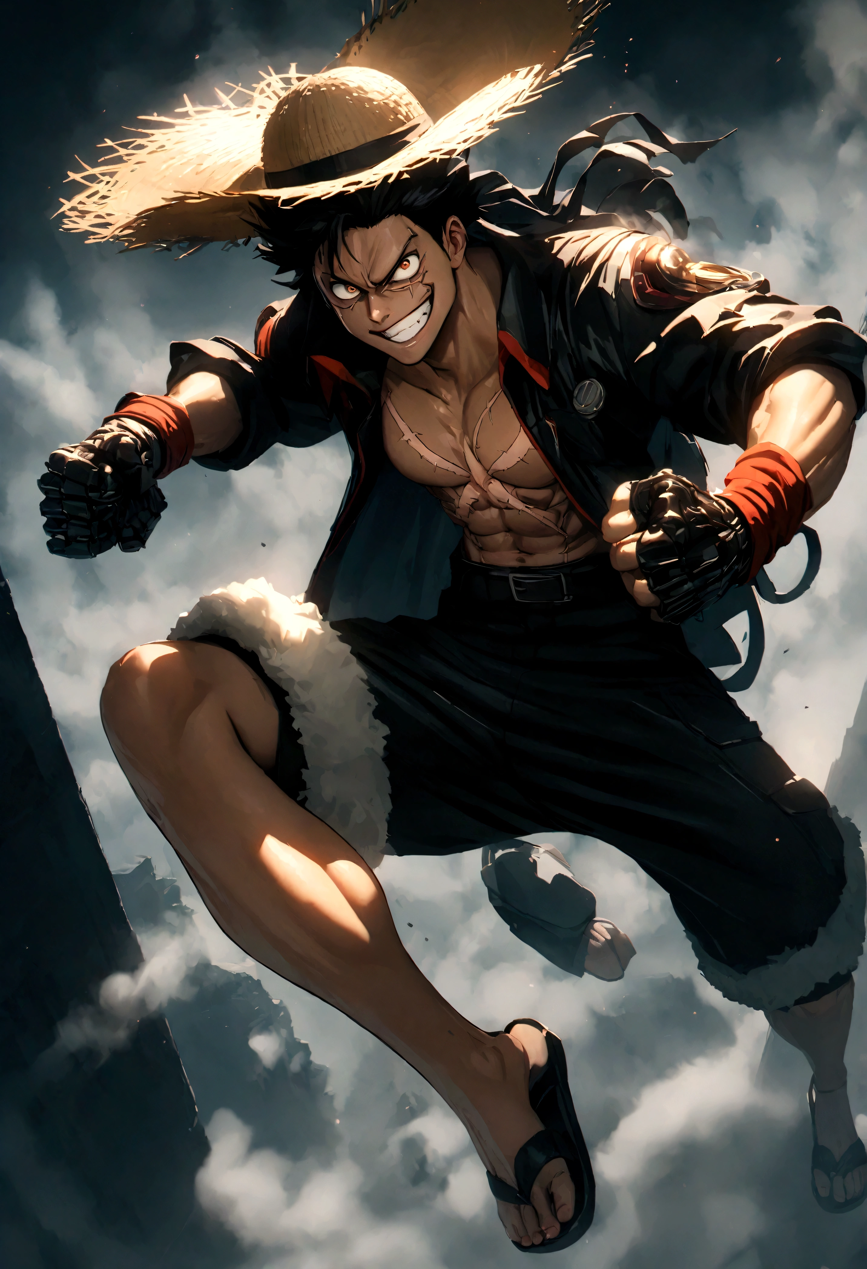 Full body shot,Monkey D. Luffy,Gear fourth,black hair,armor,dark skin,an evil grin on his face,eyes glow blue, holding a sword in both hands,grey mist swirling around him,high resolution with high contrast, cinematic lighting, vibrant colors, sharp focus and high detail.