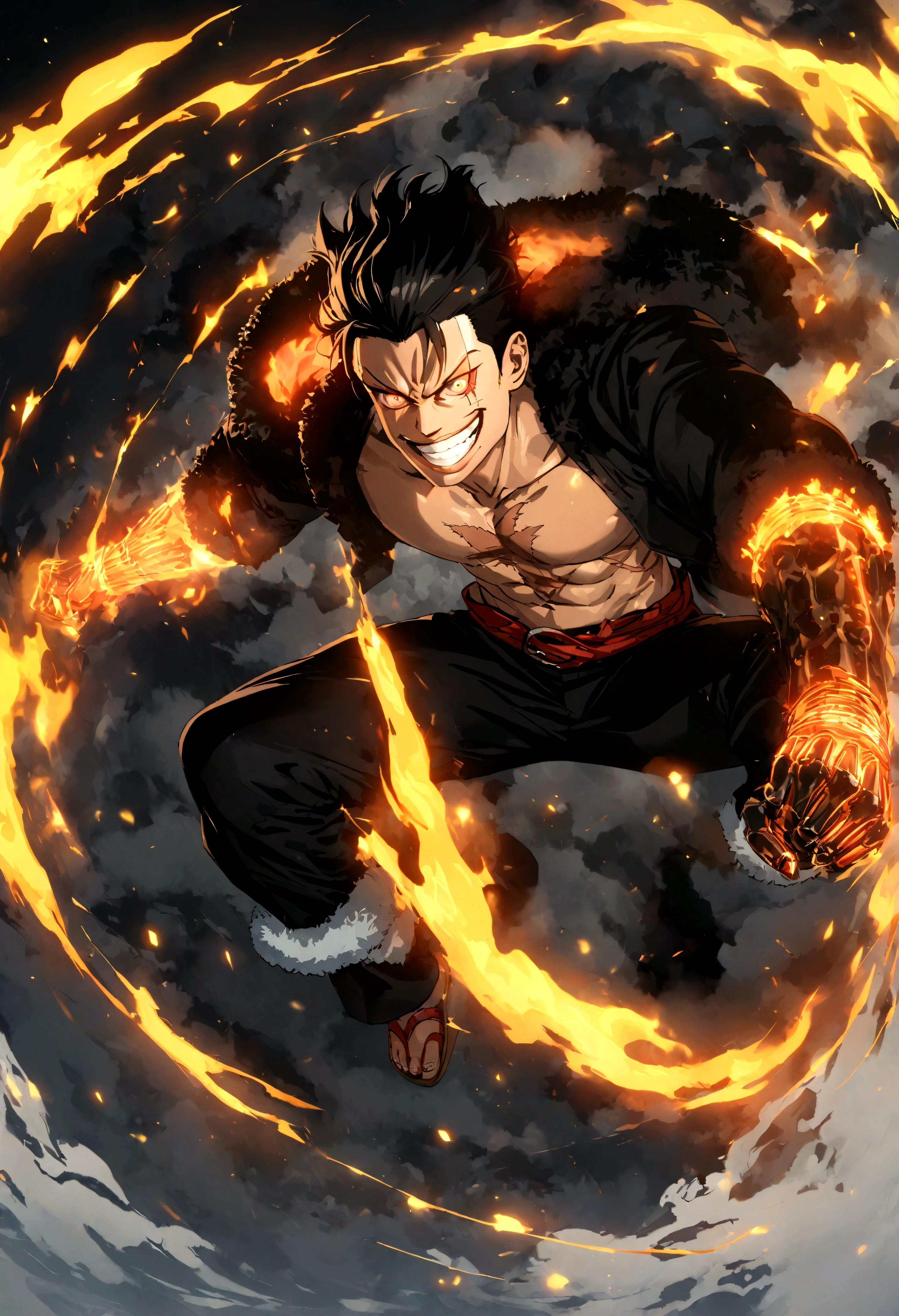 Full body shot,Monkey D. Luffy,Gear fourth,black hair,armor,dark skin,an evil grin on his face,eyes glow blue, holding a sword in both hands,grey mist swirling around him,high resolution with high contrast, cinematic lighting, vibrant colors, sharp focus and high detail.