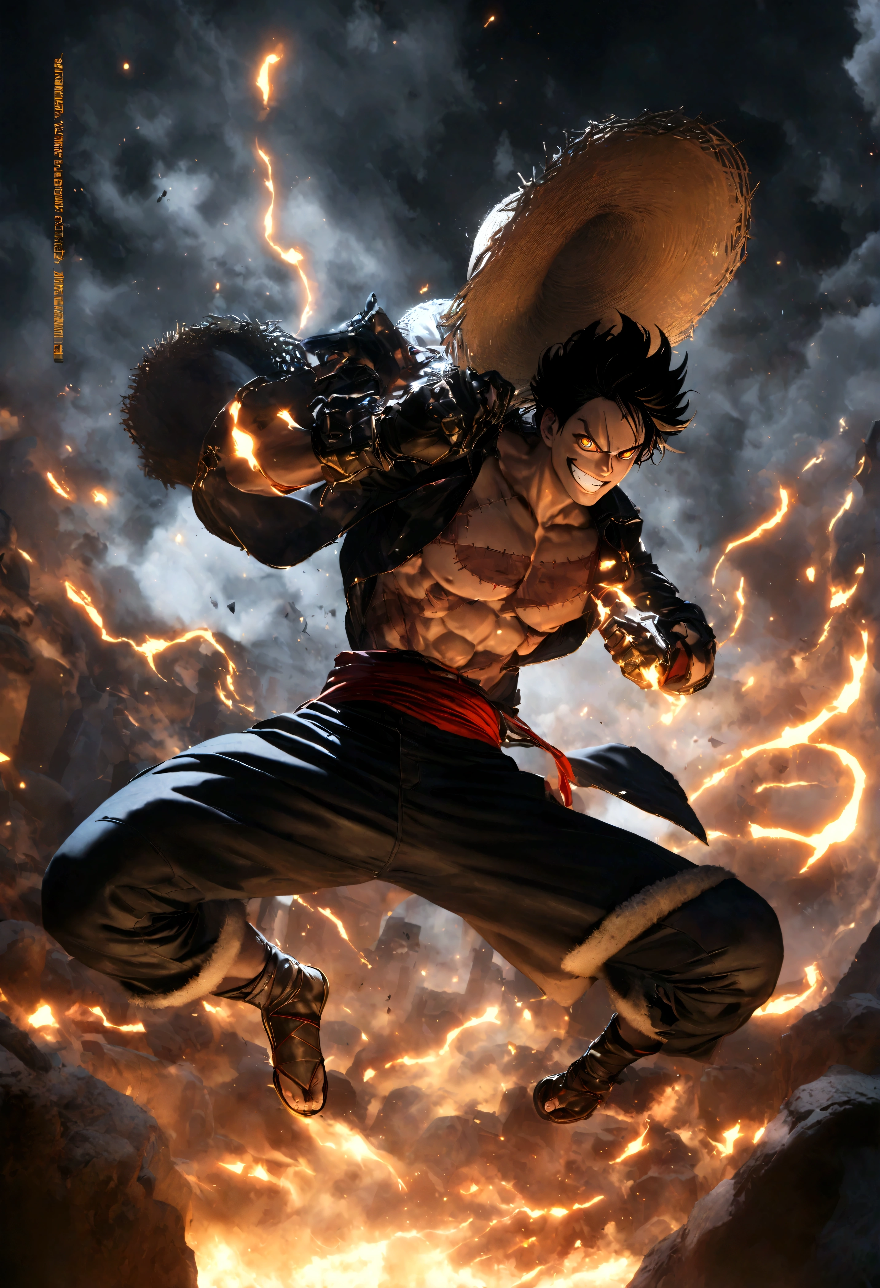 Full body shot,Monkey D. Luffy,Gear fourth,black hair,armor,dark skin,an evil grin on his face,eyes glow blue, holding a sword in both hands,grey mist swirling around him,high resolution with high contrast, cinematic lighting, vibrant colors, sharp focus and high detail.