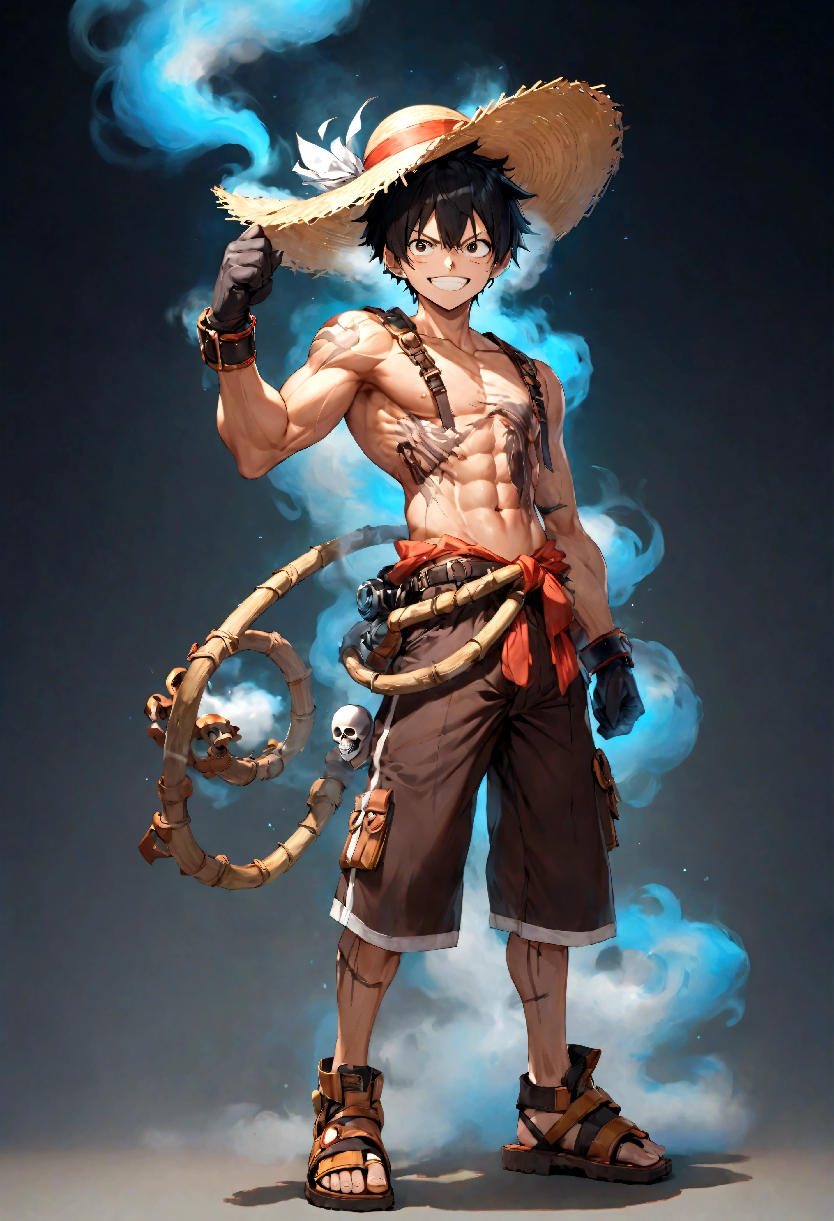 Full body shot,Monkey D. Luffy,Gear fourth,black hair,armor,dark skin,an evil grin on his face,eyes glow blue, holding a sword in both hands,grey mist swirling around him,high resolution with high contrast, cinematic lighting, vibrant colors, sharp focus and high detail.