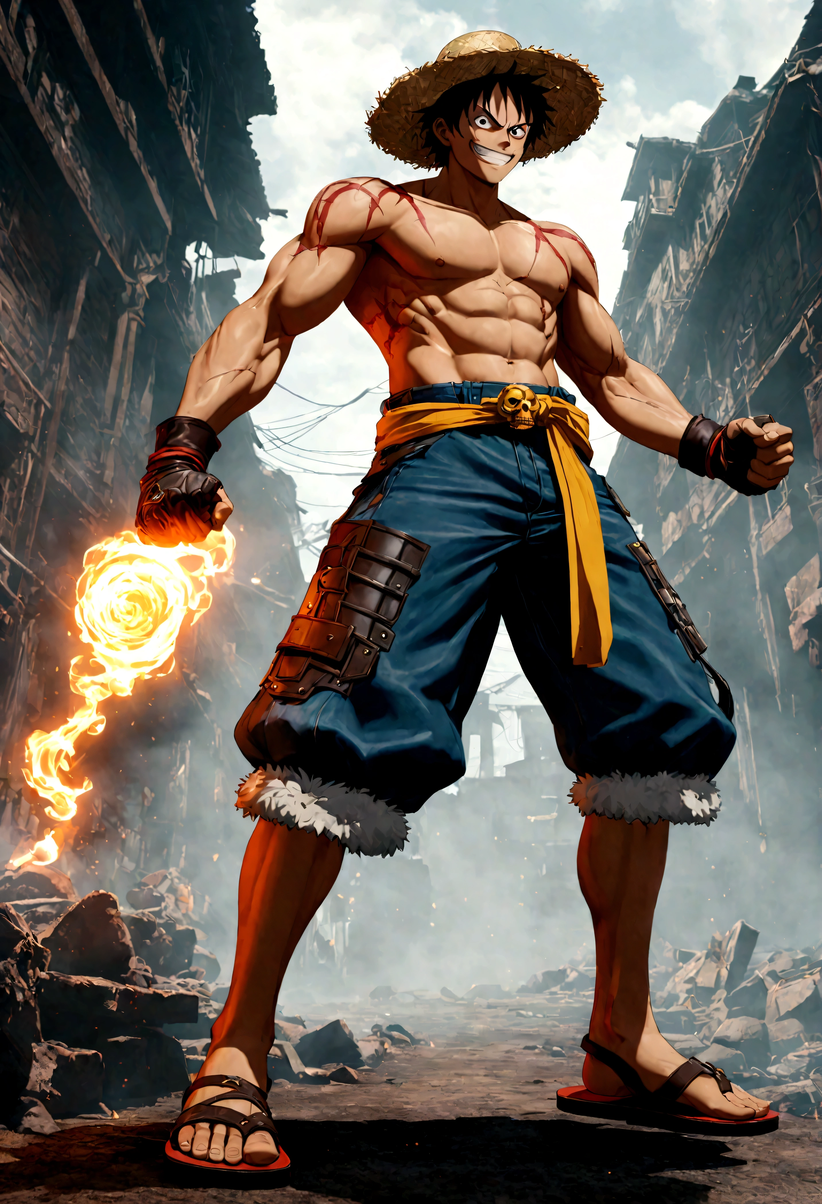 Full body shot,Monkey D. Luffy,Gear fourth,black hair,armor,dark skin,an evil grin on his face,eyes glow blue, holding a sword in both hands,grey mist swirling around him,high resolution with high contrast, cinematic lighting, vibrant colors, sharp focus and high detail.