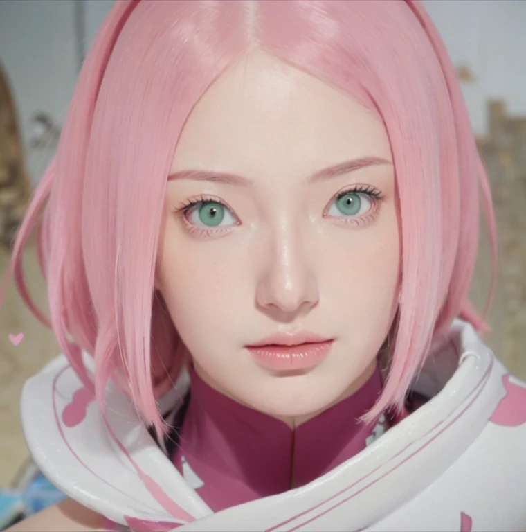 young woman, bubblegum pink hair tied in a bun, wide forehead, porcelain skin, pink eyebrows, emerald green eyes, upturned nose, thick pink lips, heart-shaped face, dark red clothes, Sakura Haruno, realism, well detailed, 3d
