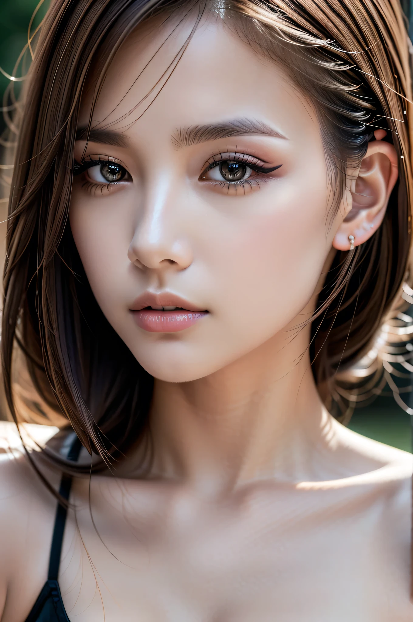 photorealistic Realism, 32K, Quality, (Hyper absurd quality, extremely detailed detail, hyper resolution, clear sharp focus, not blurry, Realistic brown_eyes), ((perfect dark_eyeshadows:1.45)), (super Detailed, beautiful little nose:1.2), (perfect composition), (upper body shot), (close up of her face), beautiful cheekbones, double eyelids, dslr, best high quality soft lighting, sharp focus captured by Fujifilm XT3, f 5.6, in a dramatic lighting, ((perfect composition)), ((pale skin)), ((dry skin)),