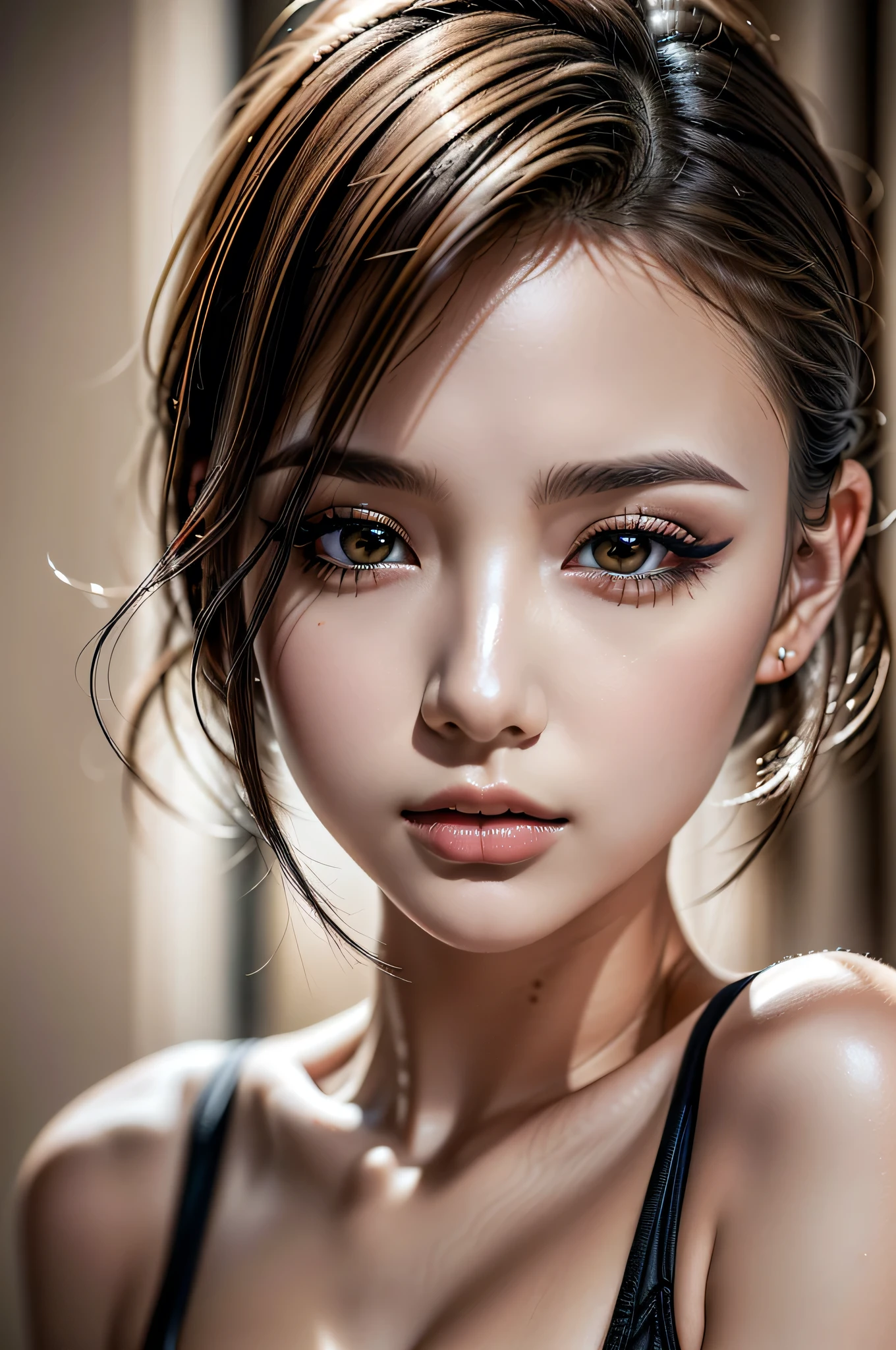 photorealistic Realism, 32K, Quality, (Hyper absurd quality, extremely detailed detail, hyper resolution, clear sharp focus, not blurry, Realistic brown_eyes), ((perfect dark_eyeshadows:1.45)), (super Detailed, beautiful little nose:1.2), (perfect composition), (upper body shot), (close up of her face), beautiful cheekbones, double eyelids, dslr, best high quality soft lighting, sharp focus captured by Fujifilm XT3, f 5.6, in a dramatic lighting, ((perfect composition)), ((pale skin)), ((dry skin)),