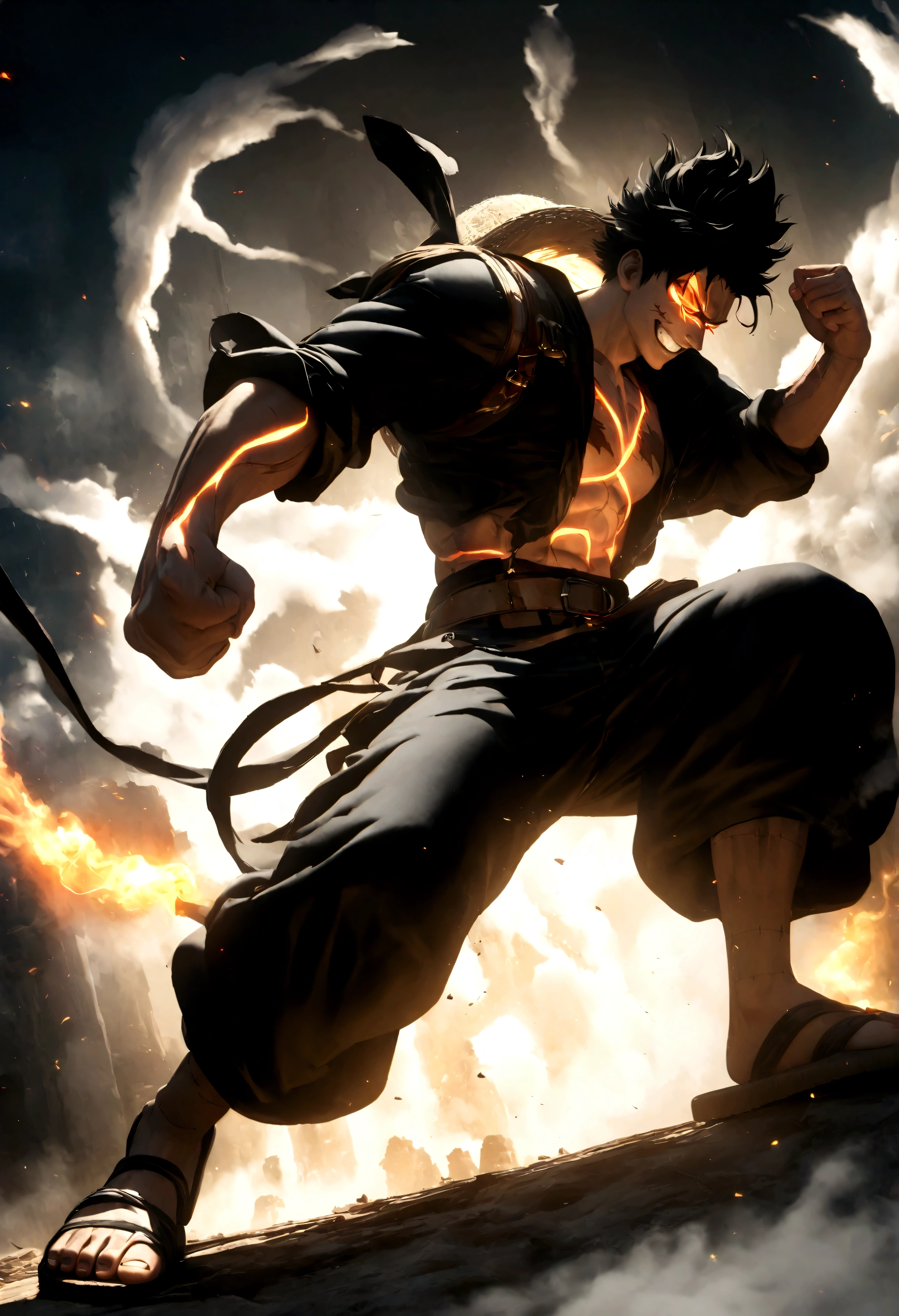 Full body shot,Monkey D. Luffy,Gear fourth,black hair,armor,dark skin,an evil grin on his face,eyes glow blue, holding a sword in both hands,grey mist swirling around him,high resolution with high contrast, cinematic lighting, vibrant colors, sharp focus and high detail.