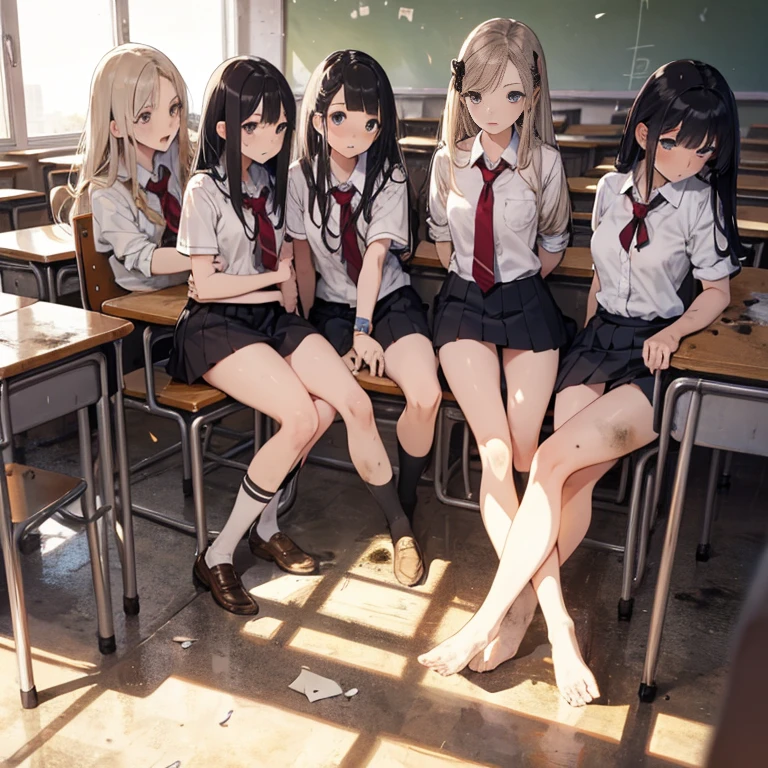 A group of  female students, (in classroom), various hair styles, harem, post apocalyptic, details face, short skirt, seducing, school uniforms, dirty body, shattered glass