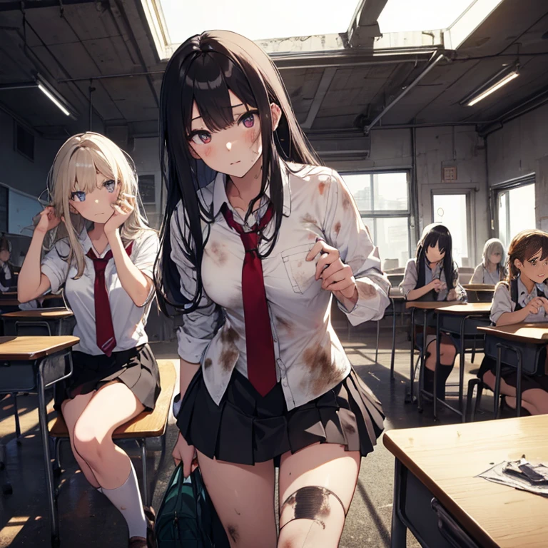 A group of  female students, (in classroom), various hair styles, harem, post apocalyptic, details face, short skirt, seducing, school uniforms, dirty body, shattered glass