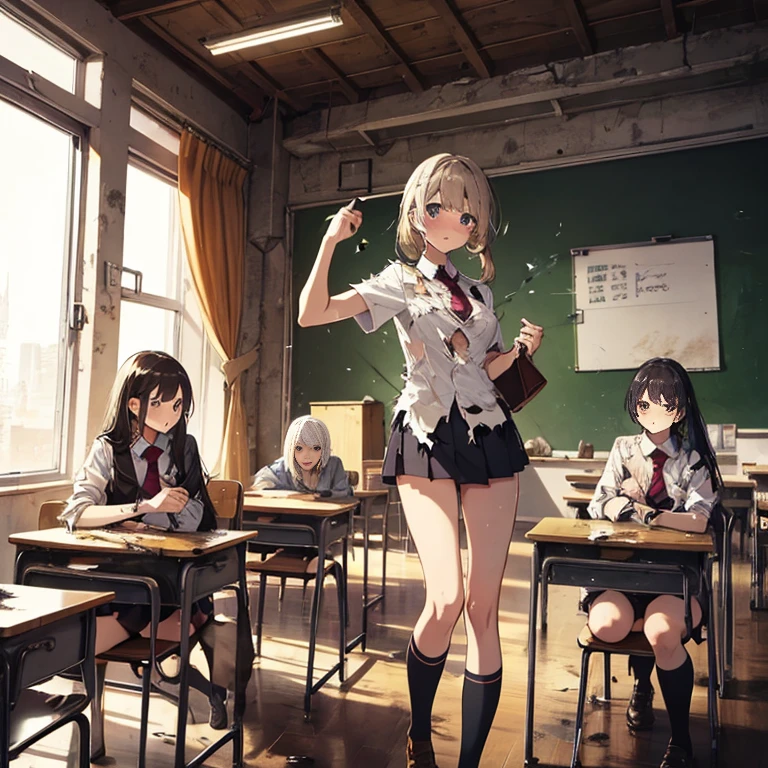 A group of  female students, (in classroom), various hair styles, harem, post apocalyptic, details face, short skirt, seducing, school uniforms, dirty body, shattered glass, torn clothing 