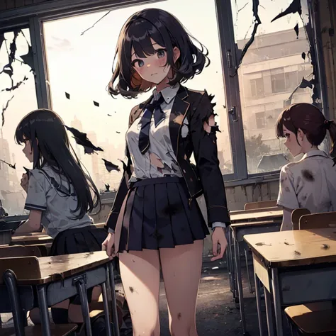 A group of  female students, (in classroom), various hair styles, harem, post apocalyptic, details face, short skirt, seducing, ...