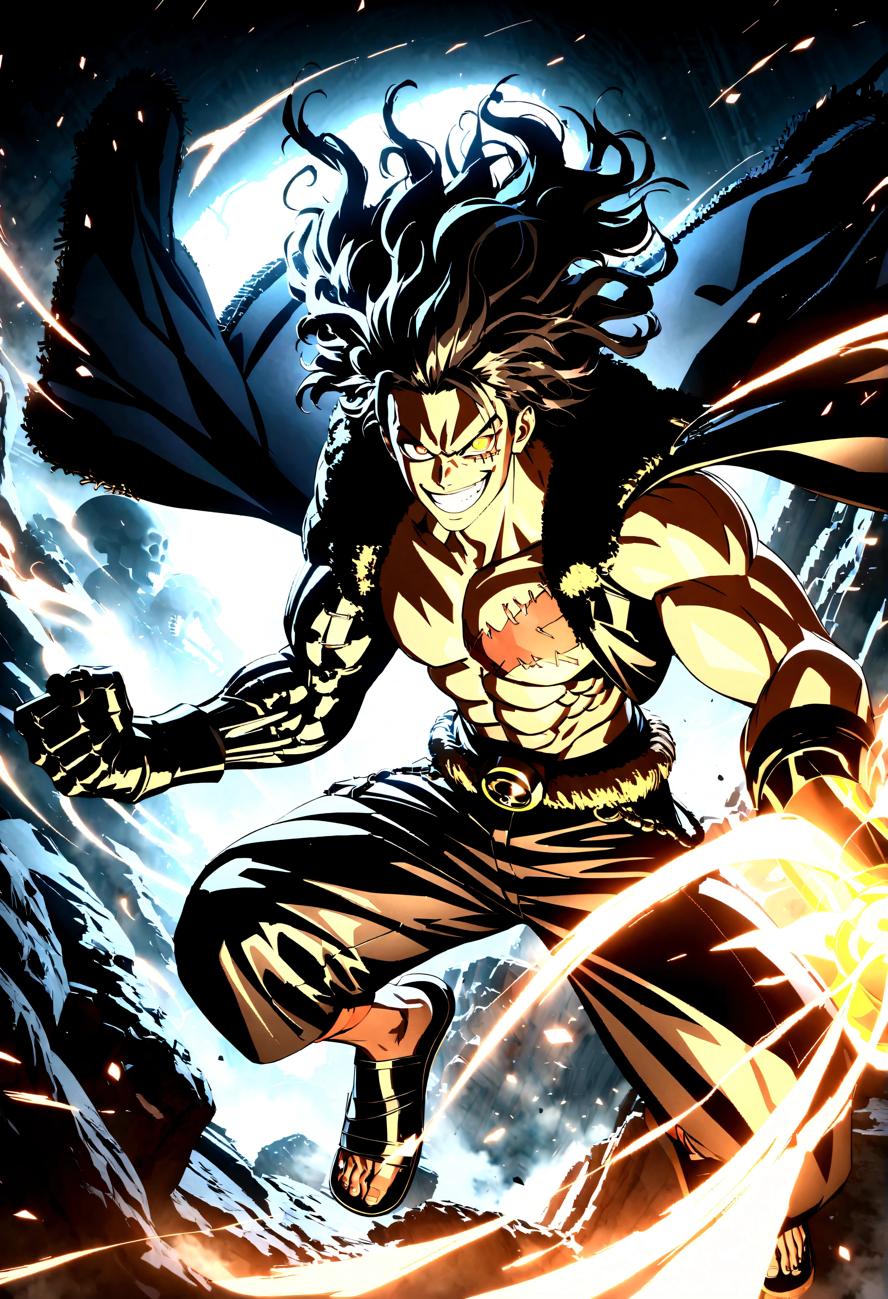 Full body shot,Monkey D. Luffy,Gear fourth,black hair,armor,dark skin,an evil grin on his face,eyes glow blue, holding a sword in both hands,grey mist swirling around him,high resolution with high contrast, cinematic lighting, vibrant colors, sharp focus and high detail.