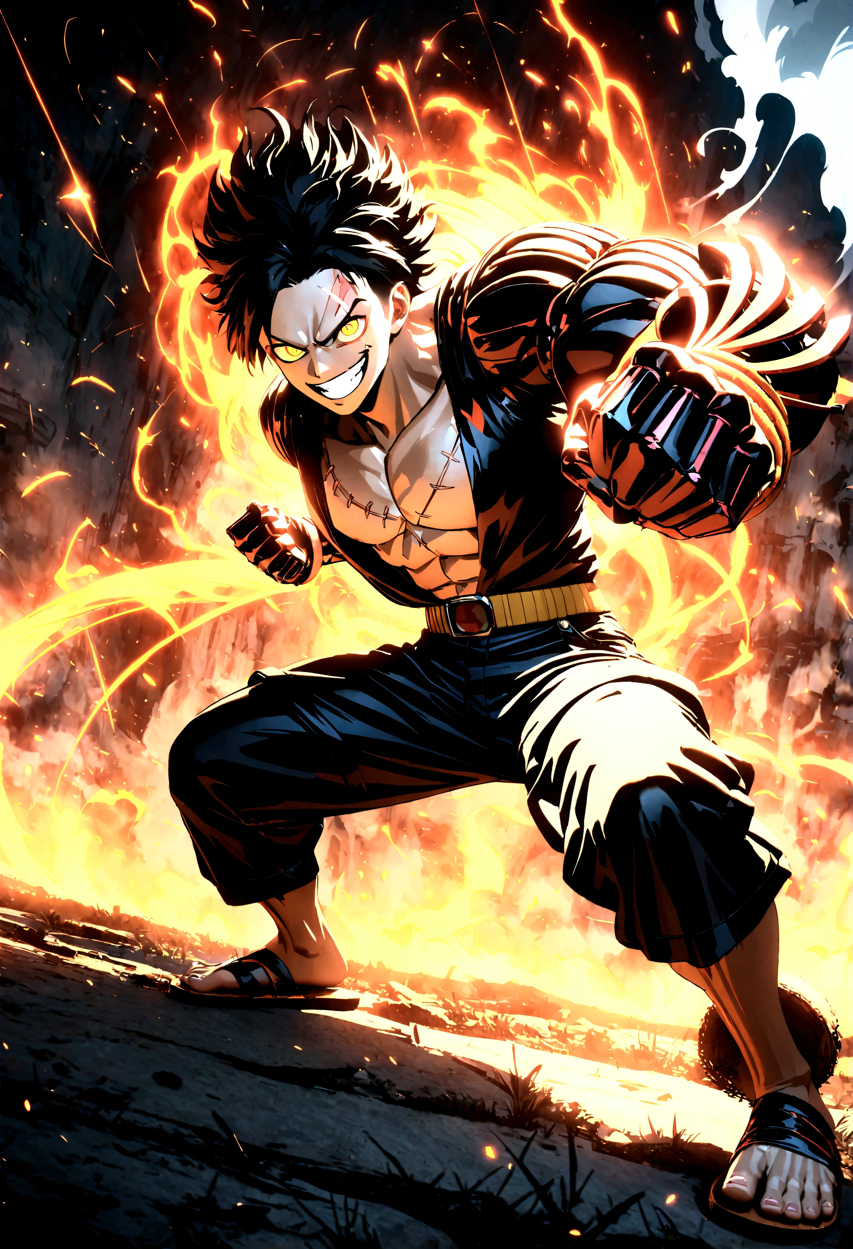 Full body shot,Monkey D. Luffy,Gear fourth,black hair,armor,dark skin,an evil grin on his face,eyes glow blue, holding a sword in both hands,grey mist swirling around him,high resolution with high contrast, cinematic lighting, vibrant colors, sharp focus and high detail.