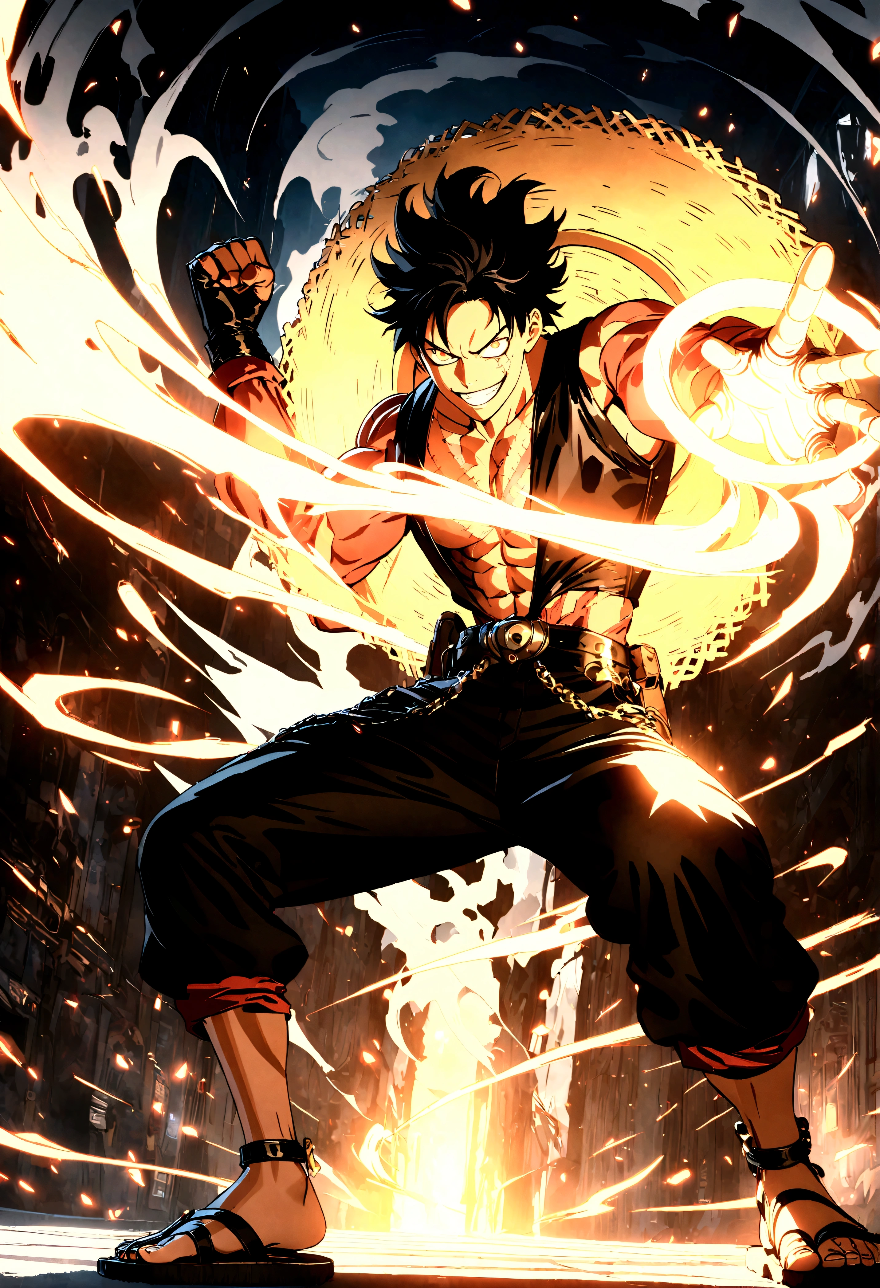 Full body shot,Monkey D. Luffy,Gear fourth,black hair,armor,dark skin,an evil grin on his face,eyes glow blue, holding a sword in both hands,grey mist swirling around him,high resolution with high contrast, cinematic lighting, vibrant colors, sharp focus and high detail.