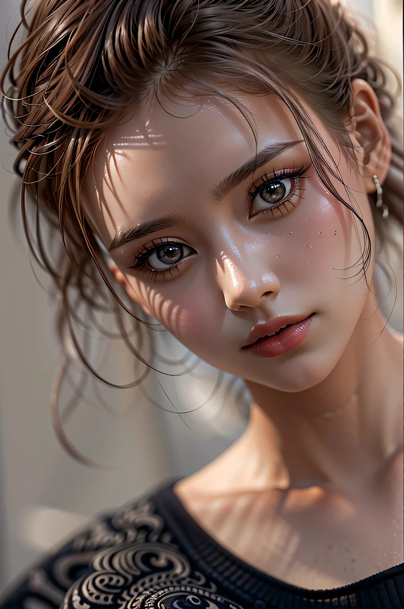 photorealistic Realism, 32K, Quality, (Hyper absurd quality, extremely detailed detail, hyper resolution, clear sharp focus, not blurry, Realistic brown_eyes), ((perfect dark_eyeshadows:1.45)), (super Detailed, beautiful little nose:1.2), (perfect composition), (upper body shot), (close up of her face), beautiful cheekbones, double eyelids, dslr, best high quality soft lighting, sharp focus captured by Fujifilm XT3, f 5.6, in a dramatic lighting, ((perfect composition)), ((pale skin)), ((dry skin)),