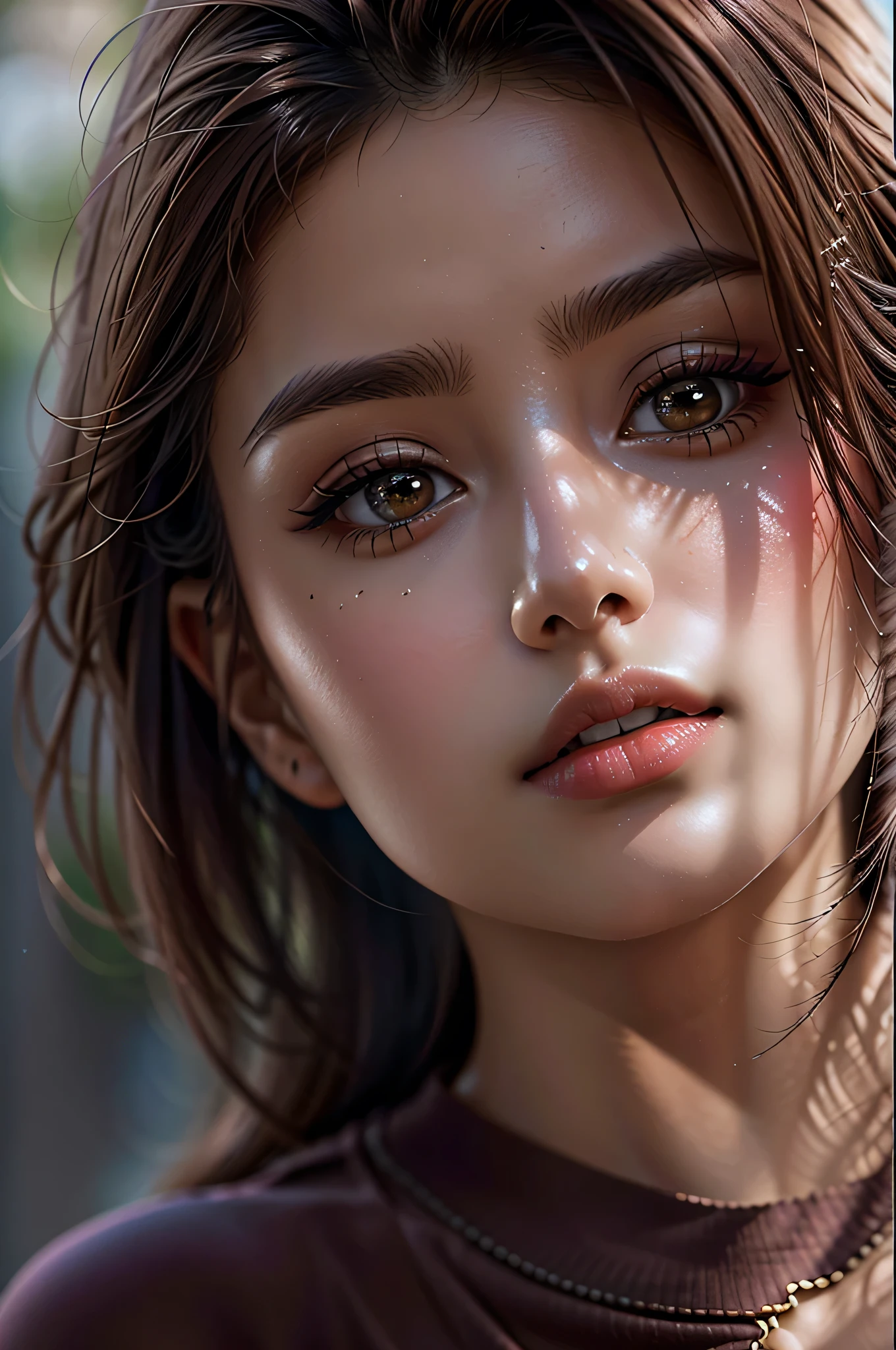 photorealistic Realism, 32k, calidad, (Calidad hiperabsurda, Detalles extremadamente detallados, hiperresolución, Enfoque claro y nítido, no borroso, Marrón realista_eyes), ((perfect dark_sombras de ojos:1.45)), (Súper detallado, hermosa naricita:1.2), (composición perfecta), (Tiro superior del cuerpo), (Primer plano de su rostro), hermosos pómulos, párpados dobles, DSLR, la mejor iluminación suave de alta calidad, enfoque nítido capturado por Fujifilm XT3, f 5.6, en una iluminación dramática, ((composición perfecta)), ((Piel pálida)), ((piel seca)),