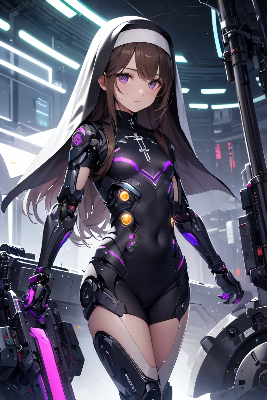   girl ,girl 12 year old  , futuristic nun suit dress ,flat  chest ,long brown hair frinje ,(loli body), mechanic-headband, purple leds ,purple  light auréola,   quality, 8k ,nun uniform , Cyborg arms. Mechanical Limbs Metal,  Mechanical legs .Power cablles conected in machine. Circuitos , praying. 