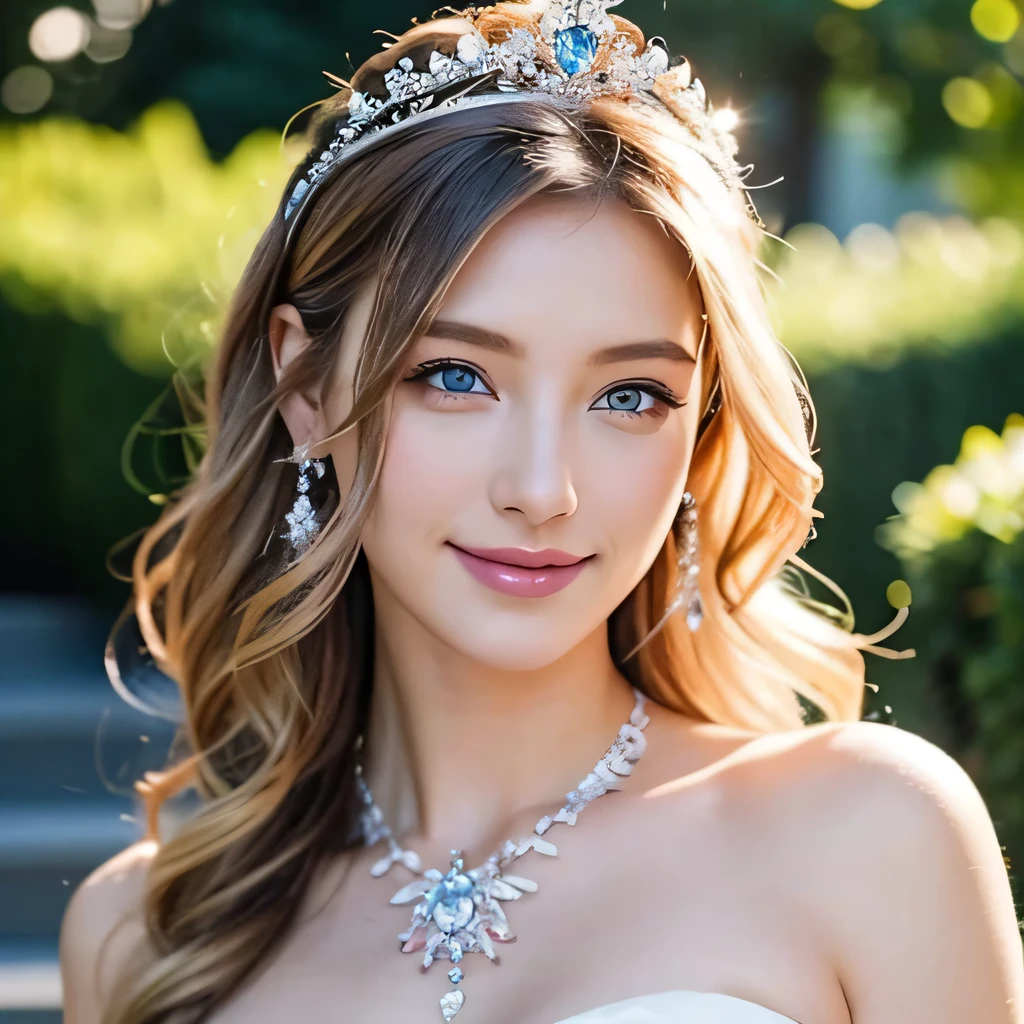 Full body photo、Bright garden、Wedding dress、weddress、blue eyes、blonde、Happy Face、jeweled tiara、short hair、necklace、 (((masterpiece)))、((highest quality))、((Ultra-realistic))、perspective、Very detailed、The perfect temptation、Best image quality、Fine-grained image quality、beautiful、European, woman, French, woman Italian, Italian, jewelry, blue eyes, Realistic, High resolution, Glowing Skin, (Detailed face),tattoo, jewelry, Wavy Hair,attractive appearance, smile, Perfect Style,Ｄcup 、 Perfect balance, 