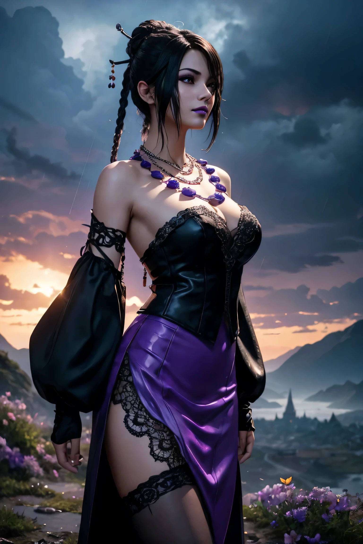 Lulu,Final Fantasy 10,FF10,Black Top,One Length,Let down one side of your bangs,Hide one eye,Beautiful purple eyes,White skin,Purple lips,Black long dress with fur,Long skirt,With fur,Black see-through blouse,Black fishnet stockings,Purple Necklace,super high quality,super high quality,masterpiece,Digital SLR,Realistic,Further details,Vivid details,Depicted in detail,Detailed face,Further details,Super detailed,Realistic skin texture,Based on anatomical grounds,Perfect Anatomy,Anatomically correct hand,Anatomically correct fingers,Complex 3D rendering,Sexy pose,Beautiful morning glory(flower),Rainy Sky,Beautiful scenery,Fantastic rainy sky,Picturesque,Pink Lips,smile,Fantastic butterflies々,