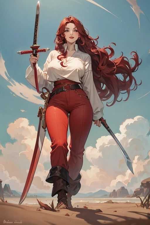 A large breasted redhead with a warm smile standing on the ground and holding a sword, wide hips, thin waist, beautiful full red lips, lush wavy hair, long torpedo shaped tits, brown pants, loose white blouse