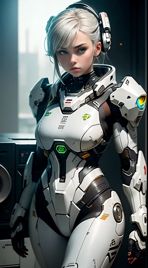 (8K,photorealistic　Raw photography　top quality;1.4) Gun style female soldier in the background, Girl in White Mech, Cyberpunk an...